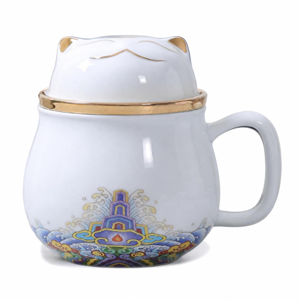 Aoibox  10 8 oz White Ceramic Lucky Cat Tea Mug with Strainer Infuser Lid and Saucer 4 92 in W x 4 25 in H