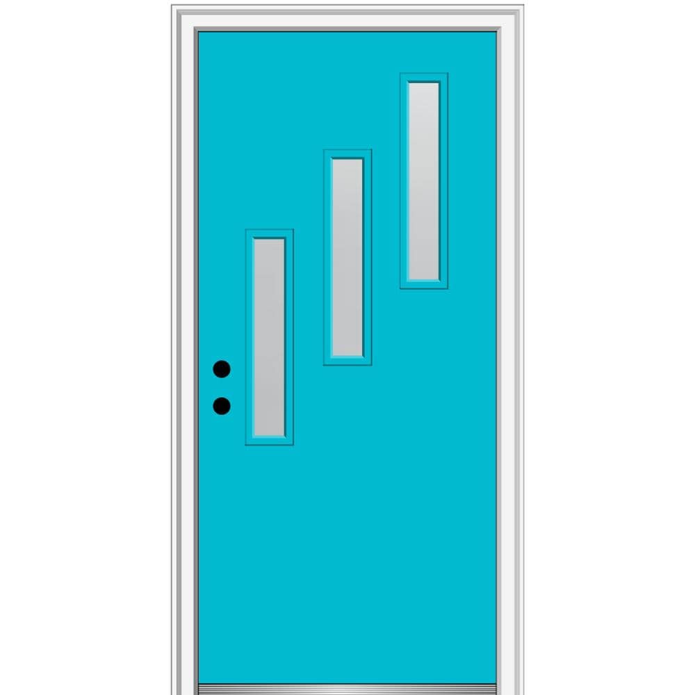 MMI DOOR ZZ347901R Spotlights 32-in x 80-in x 4-9/16-in Fiberglass Pulse lite Right-hand inswing Bahama Blue Painted Prehung Front Door with Brickmould Insulating core