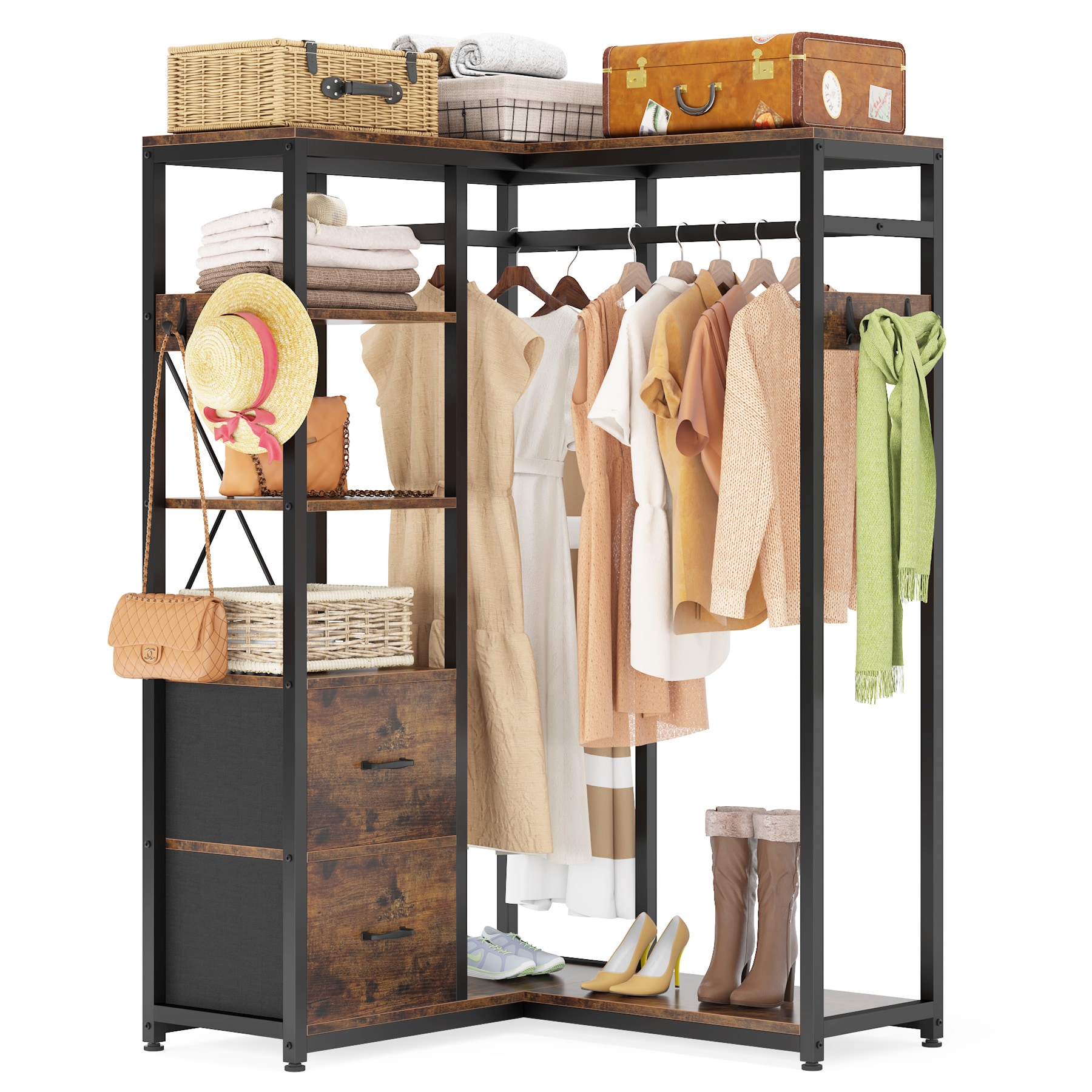Tribesigns Industrial Style Freestanding Clothing Rack with Shelves, Drawers, and Hooks - Brown, 66.92-in Height, 350 lbs. Weight Capacity Walnut