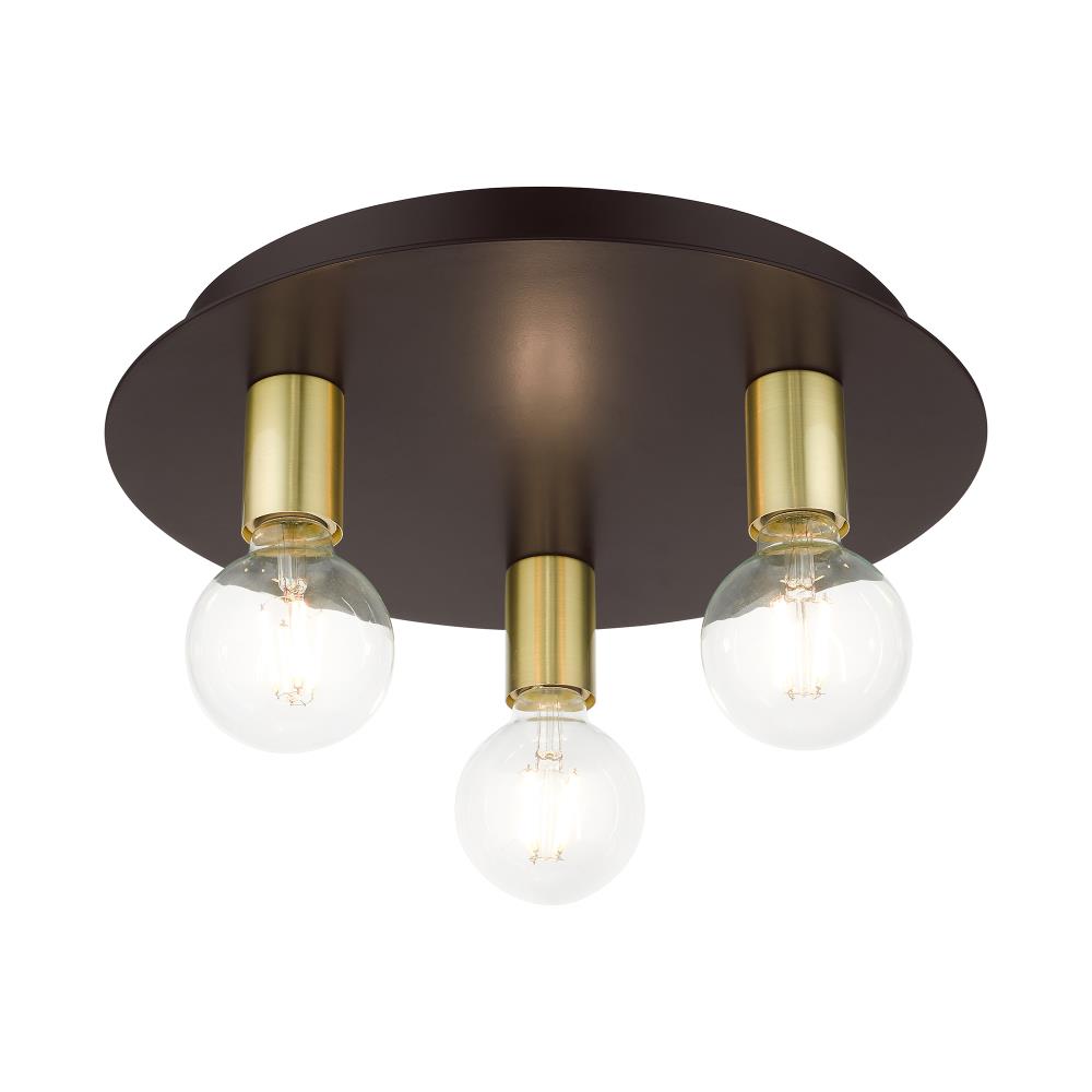 Hillview Satin Brass and Bronze 3-Light Flush Mount Ceiling Fixture