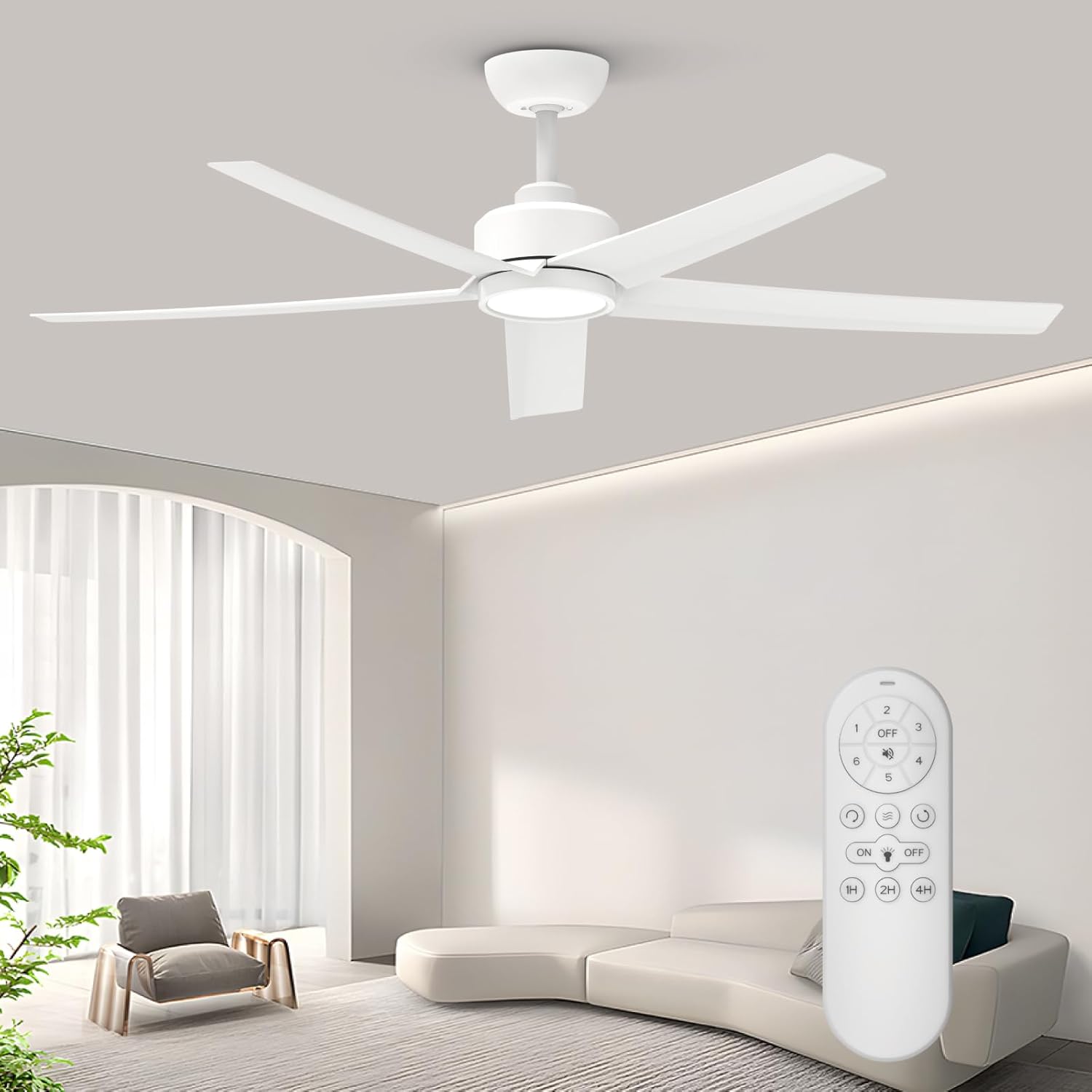 ocioc OC52-WE-5D-W5 WFIVE 52-in Integrated LED Matte White with Matte White Blades Ceiling Fan With Light and Remote ( 5 -Blade )