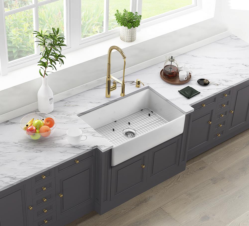 CASAINC Black Fireclay 30 in. Single Bowl Farmhouse Apron Kitchen Sink with Sprayer Kitchen Faucet and Accessories, 30 in. Matte Black Fireclay