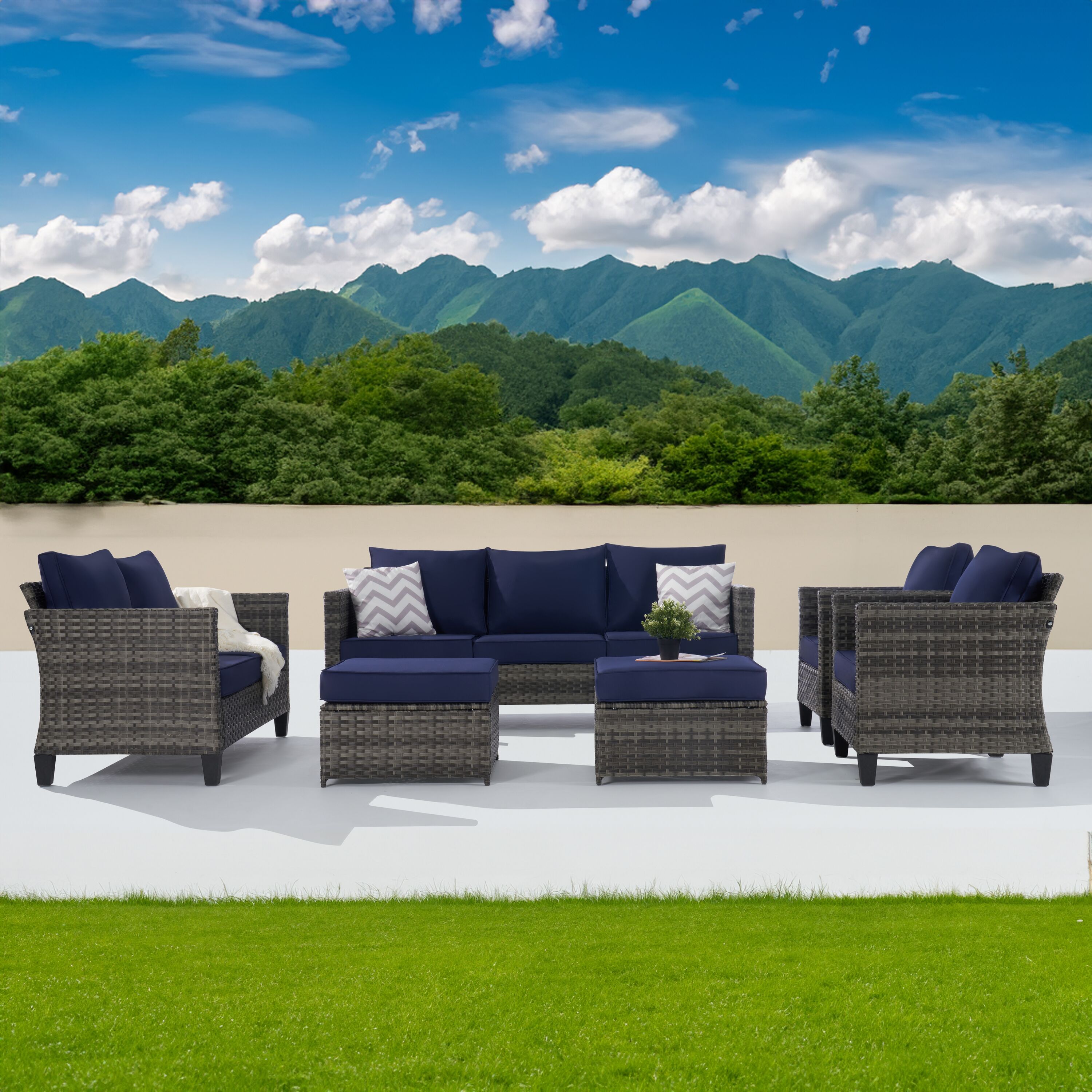 SANSTAR L-WS8911BU-V1 Patio Conversation Set 6 -Piece Wicker Patio Sofa Conversation Set with Blue Cushions
