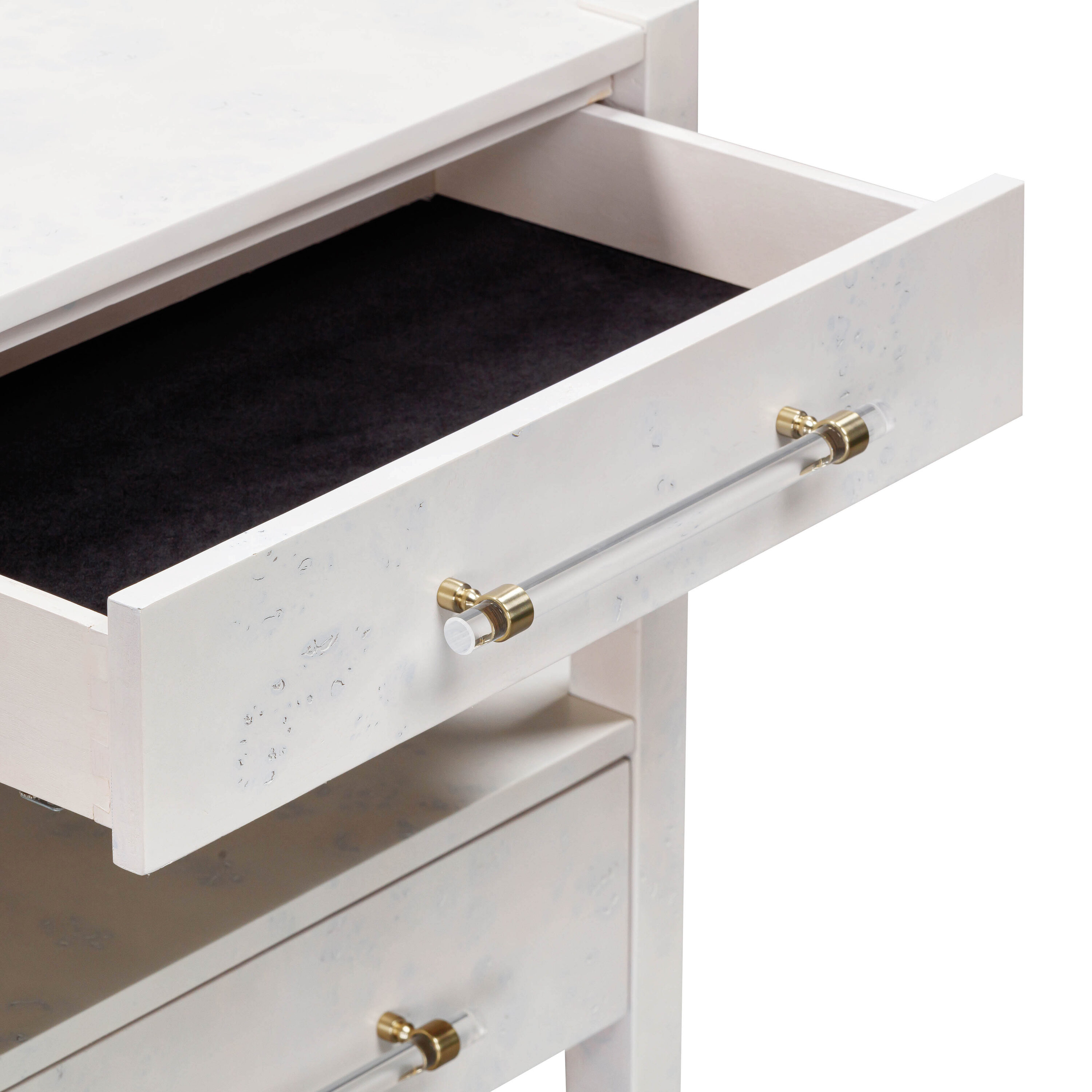Contemporary White Burl Acacia Nightstand with Brass Accents