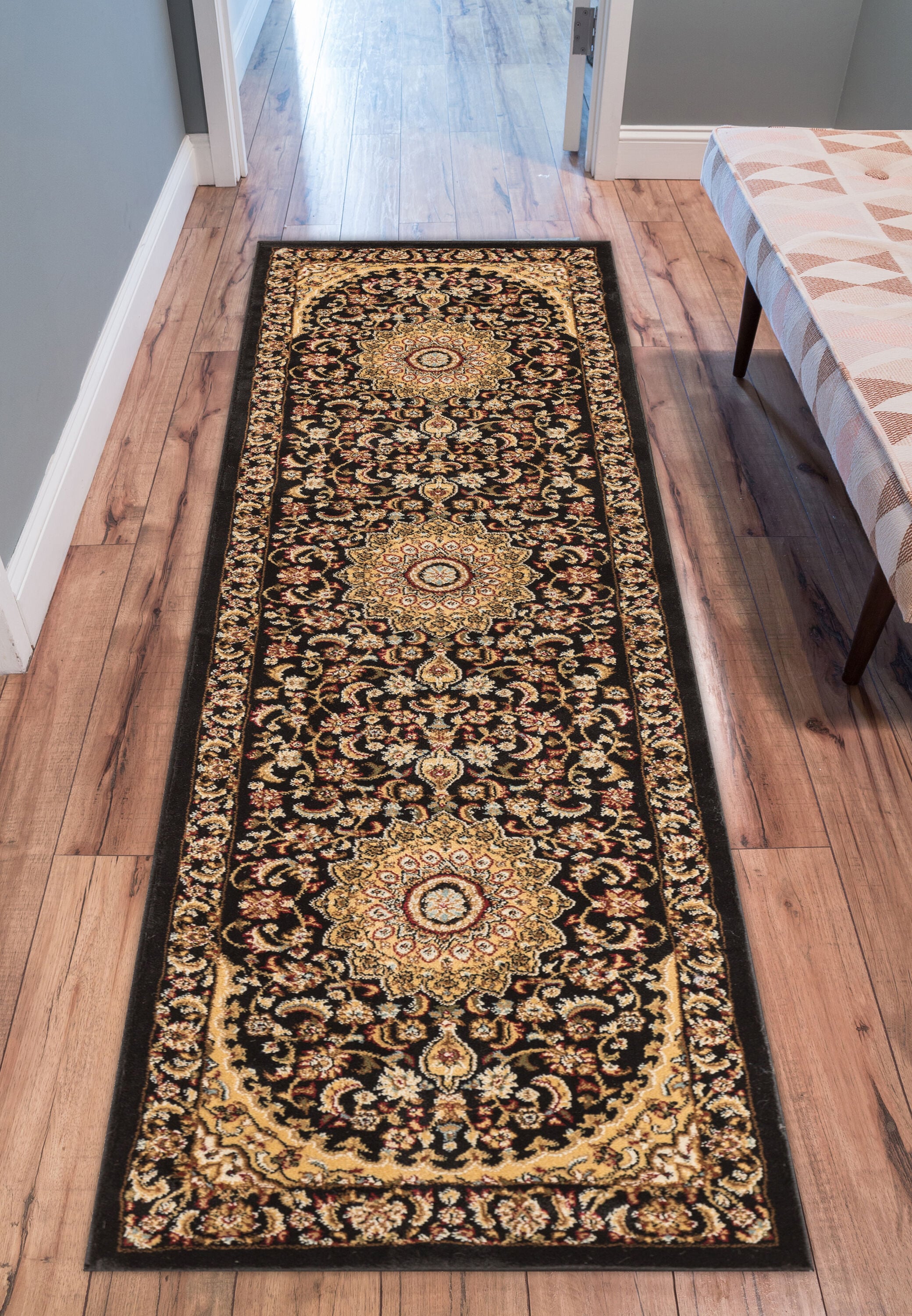 Well Woven 36432 2 x 8 (ft) Loomed Polypropylene Black Rectangular Indoor Medallion Persian Runner rug