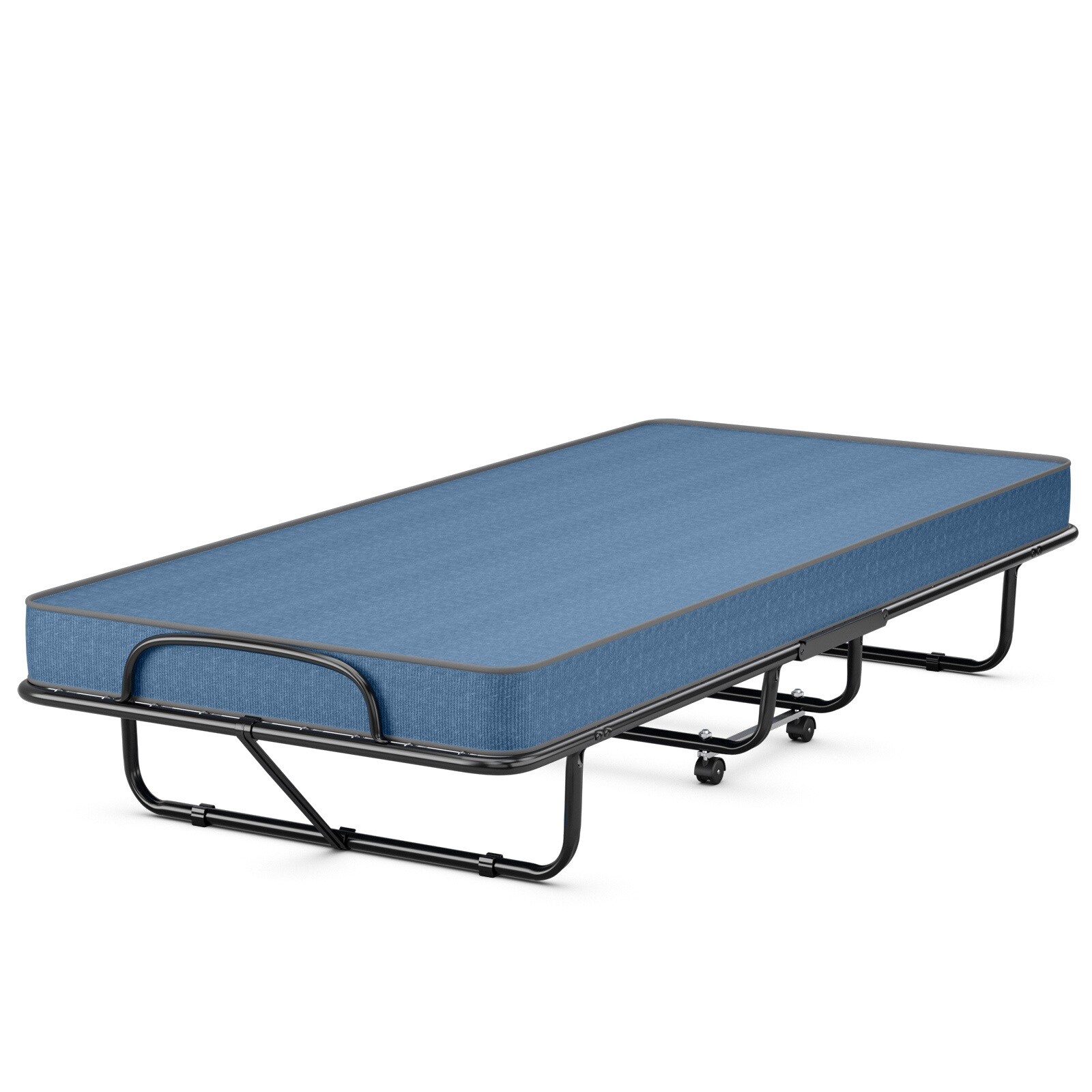 Slickblue Navy/Beige Folding Bed with Memory Foam Mattress and 4 Casters for Guest Room Bedroom Dorm or Small Space