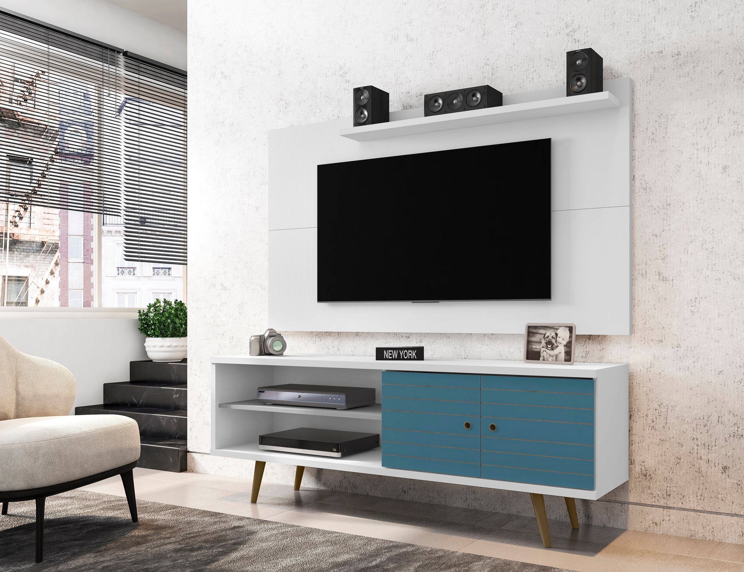 Manhattan Comfort 221-201AMC63 Liberty Modern/Contemporary White and Aqua Blue TV stand Integrated TV Mount ( Accommodates TVs up to 50-in )