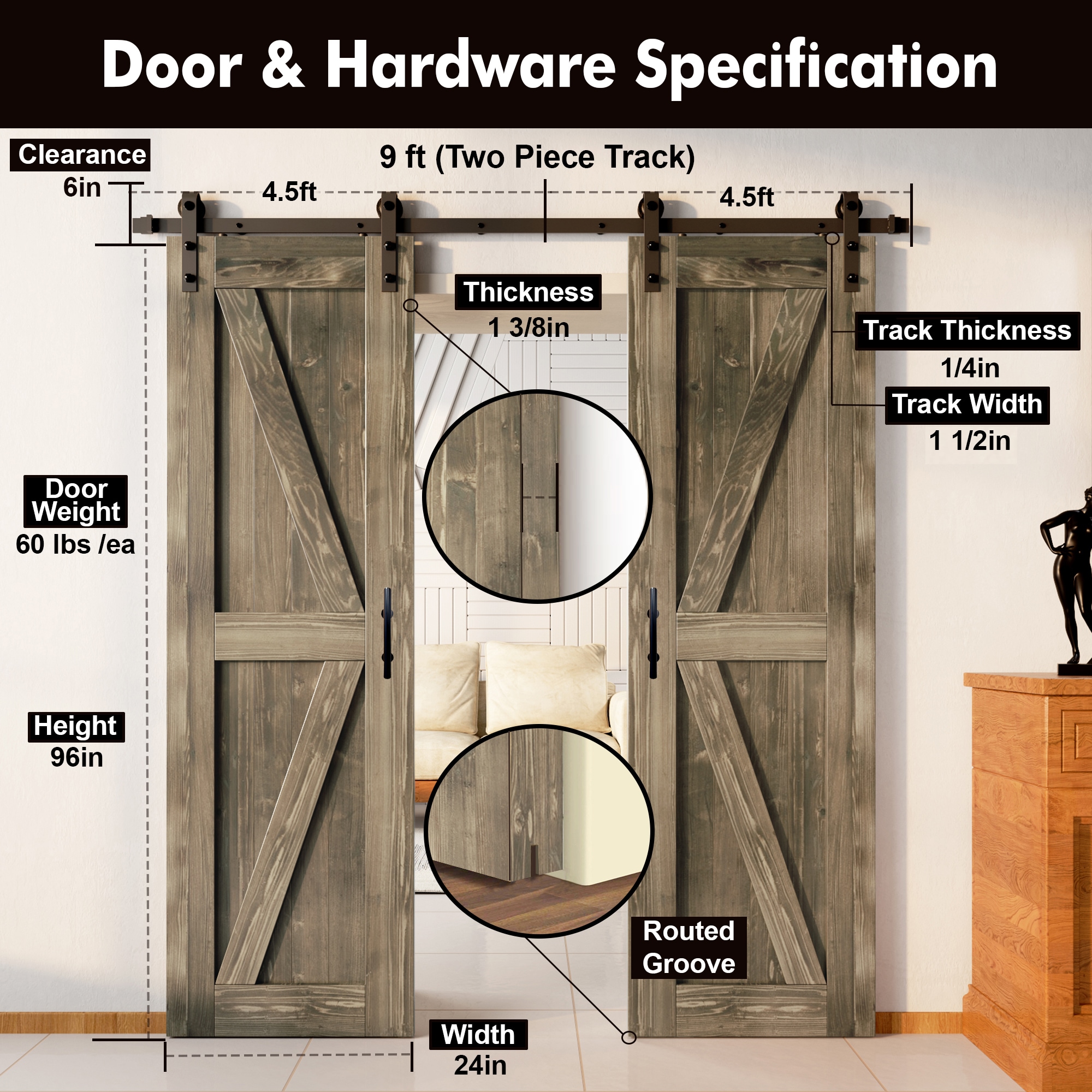 HOMACER YT2TGH108C-2496-K-GR Barn-Doors - View #7