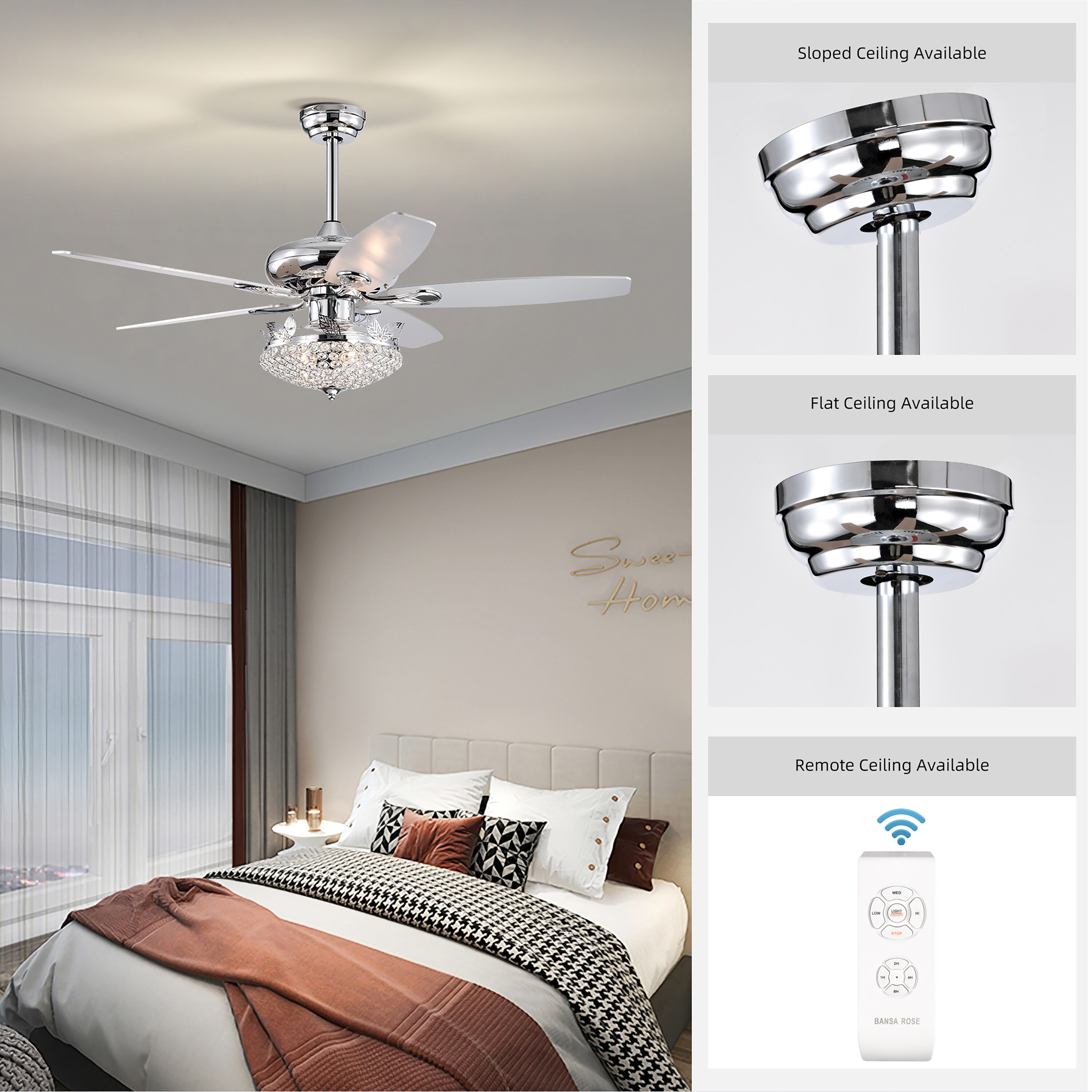 BANSA ROSE 52-in Silver Indoor/Outdoor Ceiling Fan and Remote (5 
