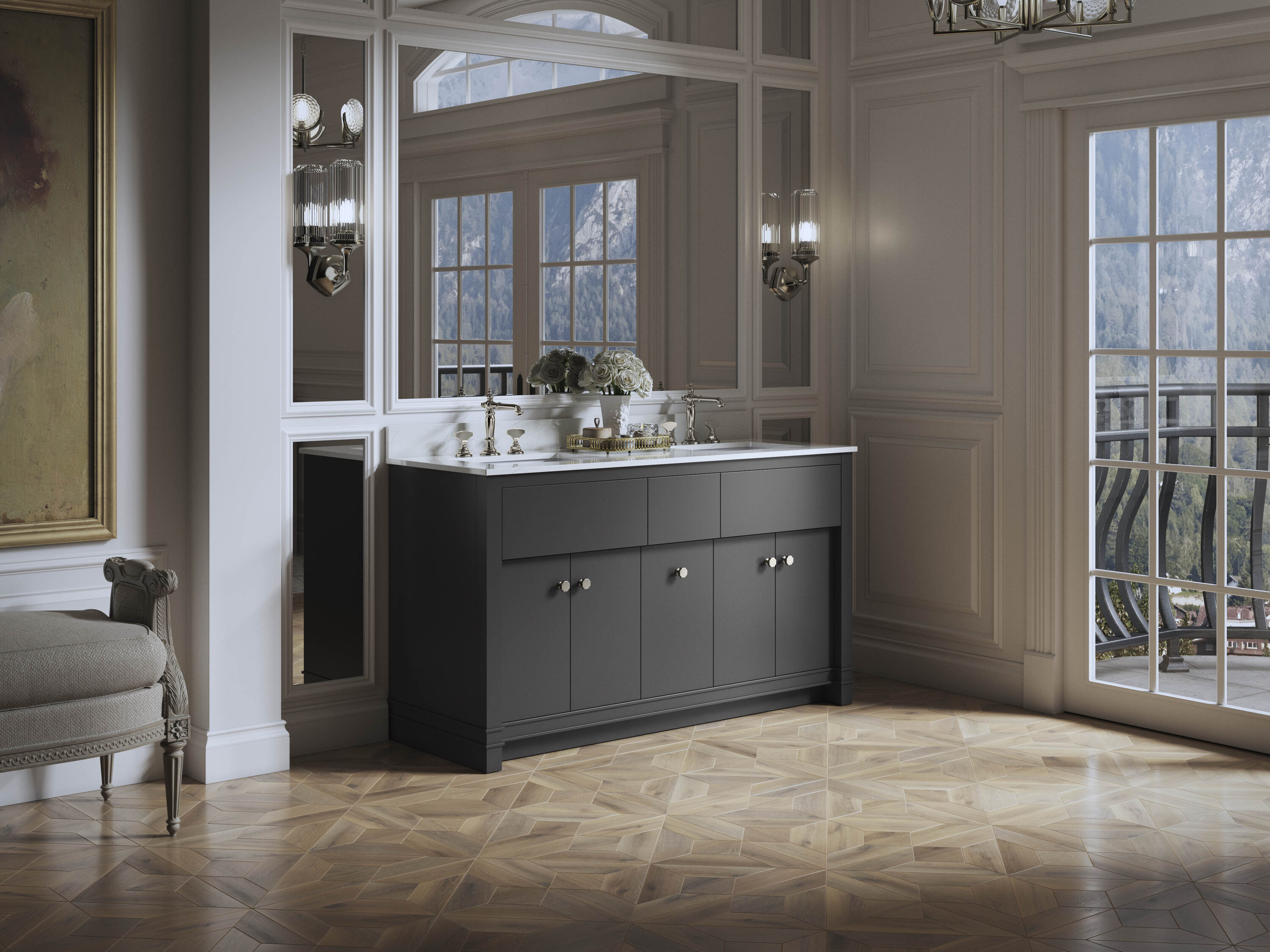 KOHLER 33293-DWG Alouette 60-in Ferrous Grey Undermount Double Sink Bathroom Vanity with White Quartz Top