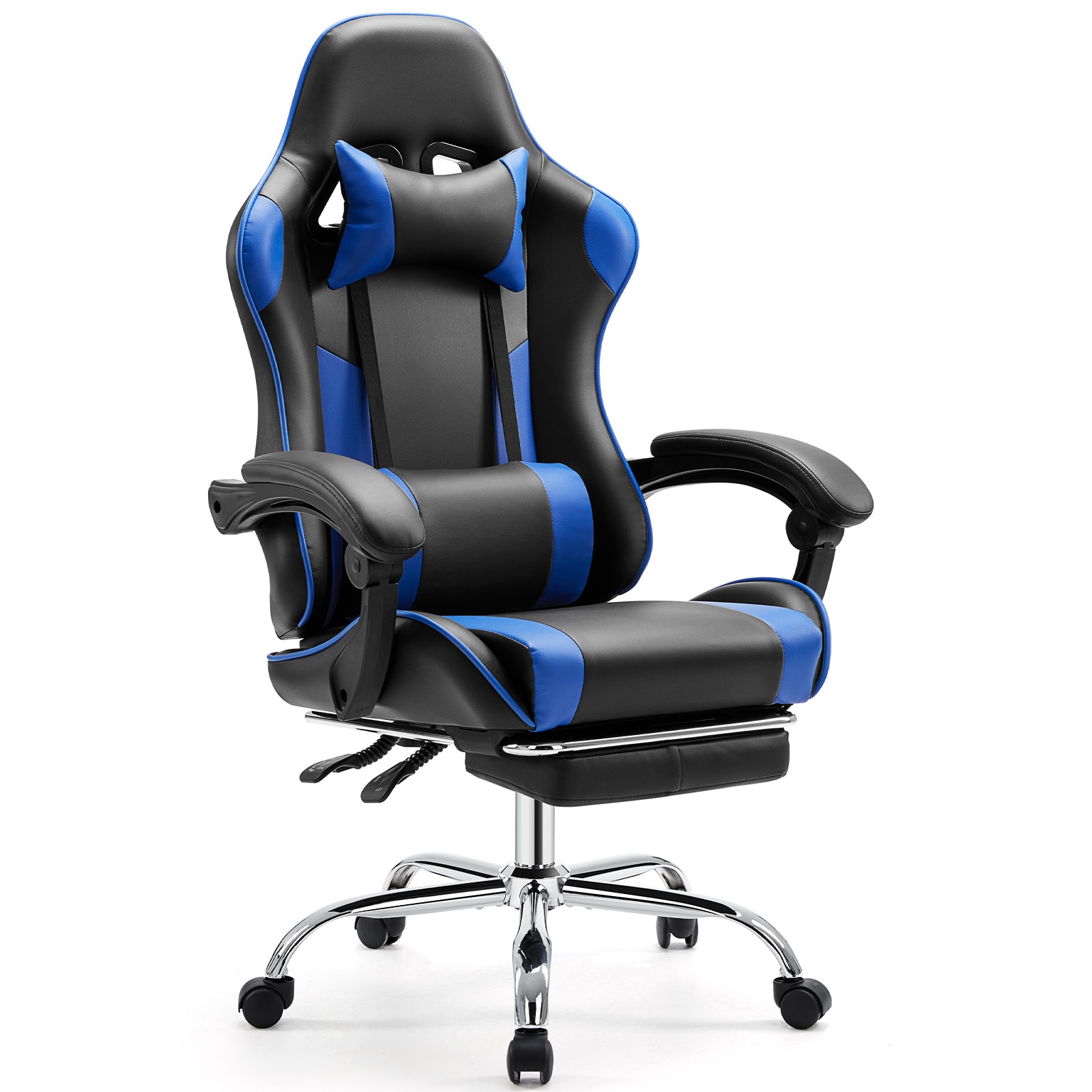 Flynama L-P215384 Black+Blue Contemporary Ergonomic Adjustable Height Swivel Faux Leather Gaming Chair