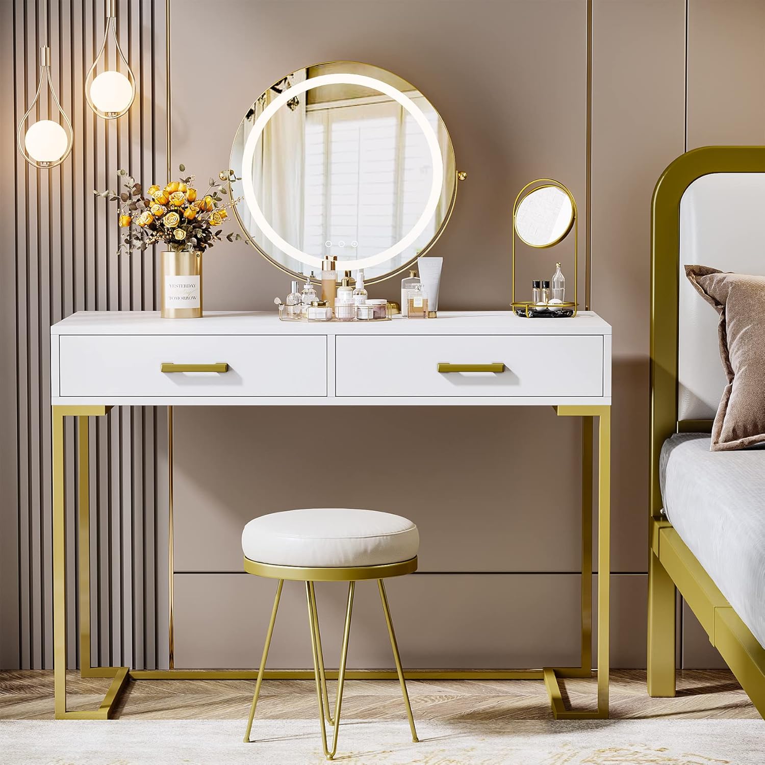Tribesigns 41.7 inch W White and Gold Modern Makeup Vanity with 2 Drawers Without Mirror