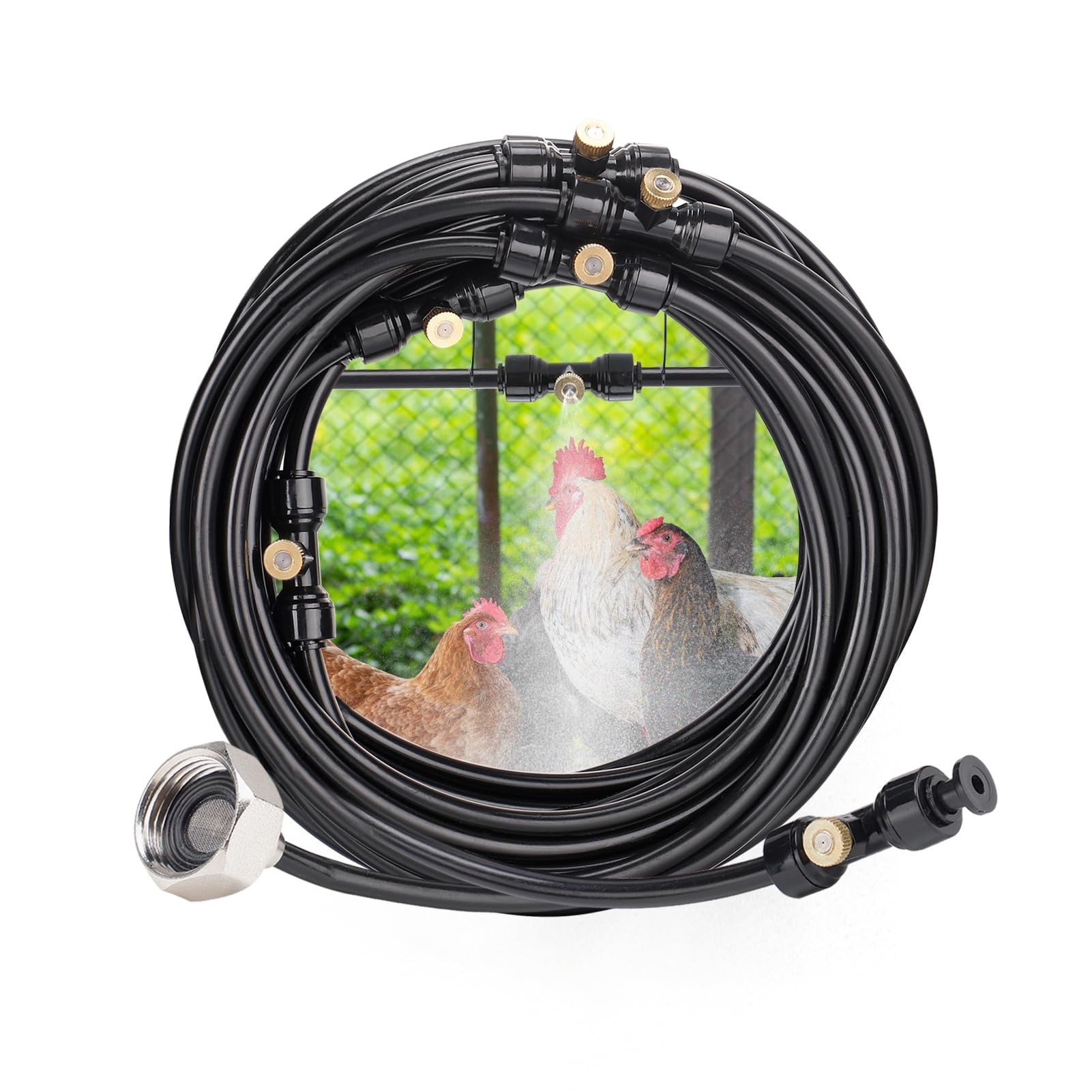 Adrinfly -  Preassembled Chicken Coop Misting Kit 26.2 ft Hose 7 Brass Nozzles 3/4 in Adapter Fil...