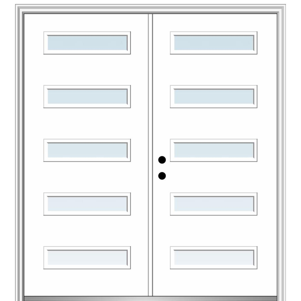 MMI DOOR ZZ346464R Spotlights 64-in x 80-in x 4-9/16-in Fiberglass Pulse lite Right-hand inswing Brilliant White Painted Prehung Double Front Door with Brickmould Insulating core