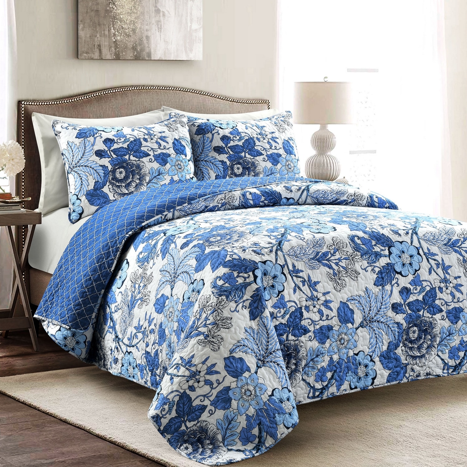 Lush Decor 16T005441 Navy Floral Reversible King Quilt Cotton