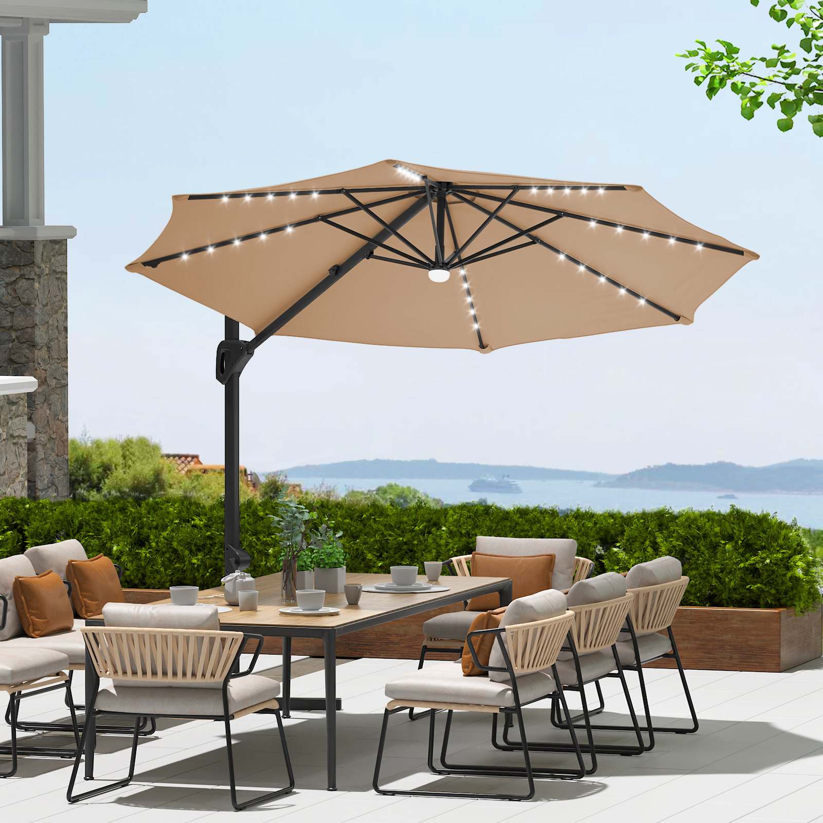 Qeetex SQY-PPG-335SW86A 10 Ft Patio Umbrella Solar LED Cantilever Umbrella with LED Strips 360 Degree Rotatable and UV Protection Outdoor Roman Umbrella For Pool Patio Garden Tan