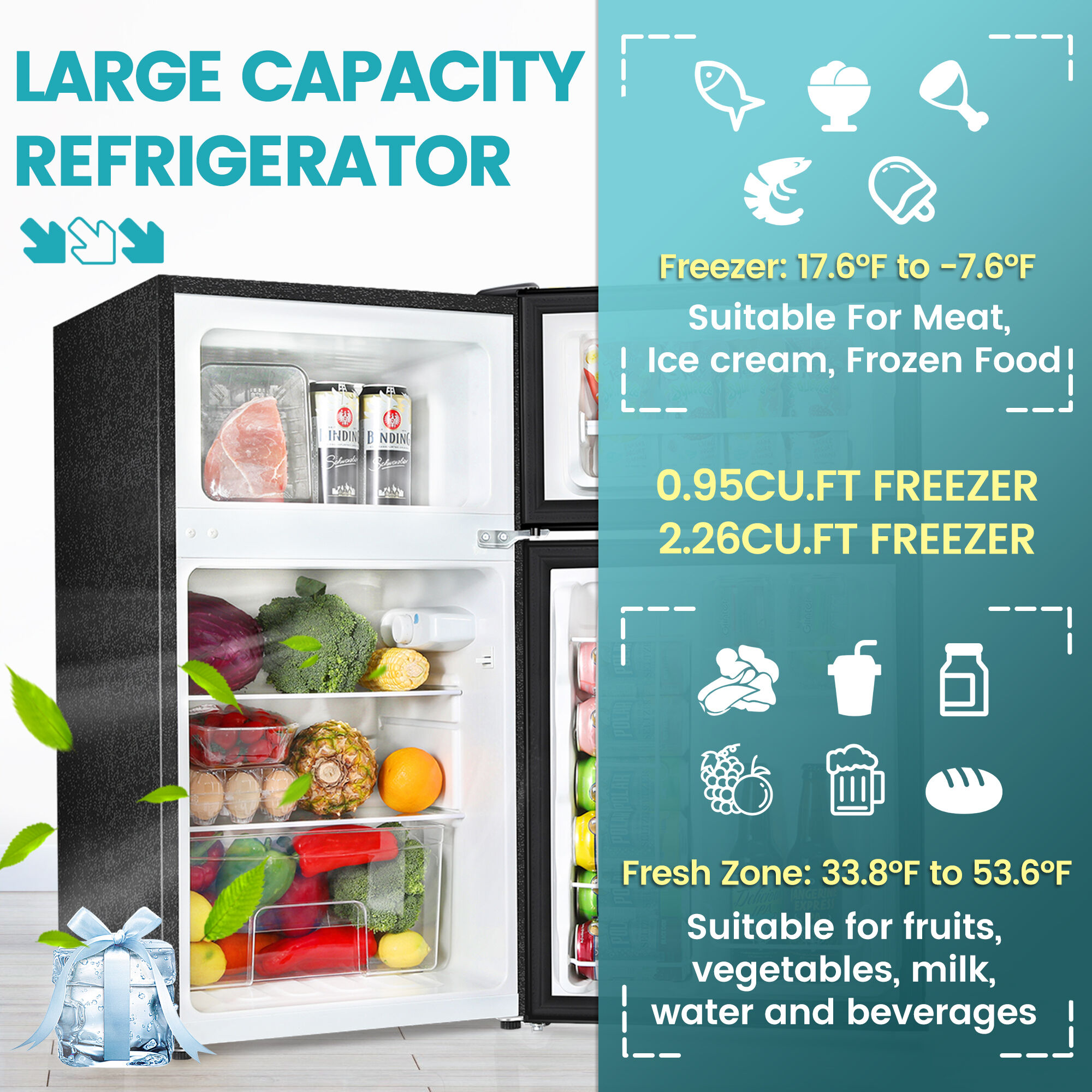 Midea WHD-113FB1 Double Door Mini Fridge with Freezer for  Bedroom Office or Dorm with Adjustable Remove Glass Shelves Compact  Refrigerator, 3.1 cu ft, Black : Appliances
