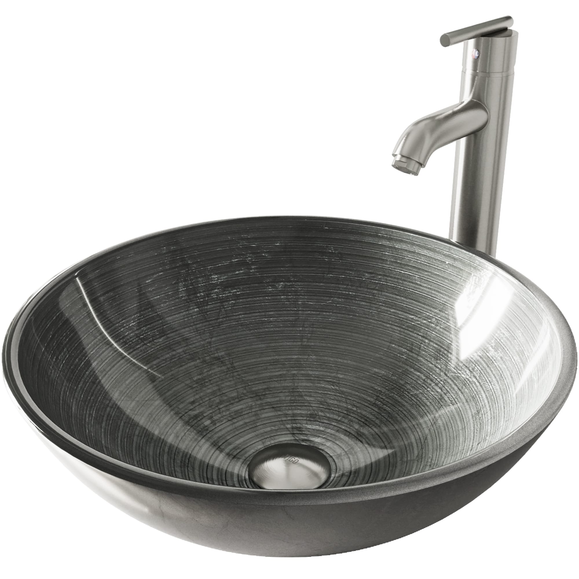 VIGO VGT838 Vessel sink Glass Vessel Round Modern Simply Silver Bathroom Sink with Faucet Included with Drain Included ( 17-in x 17-in )
