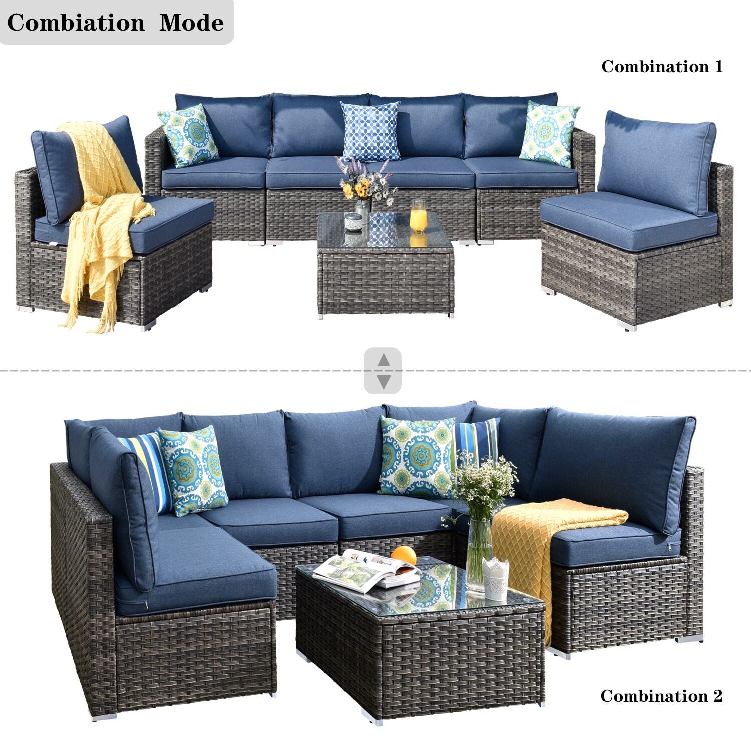 Xizzi Libra 7-piece Rattan Patio Conversation Set With Blue Cushions In 