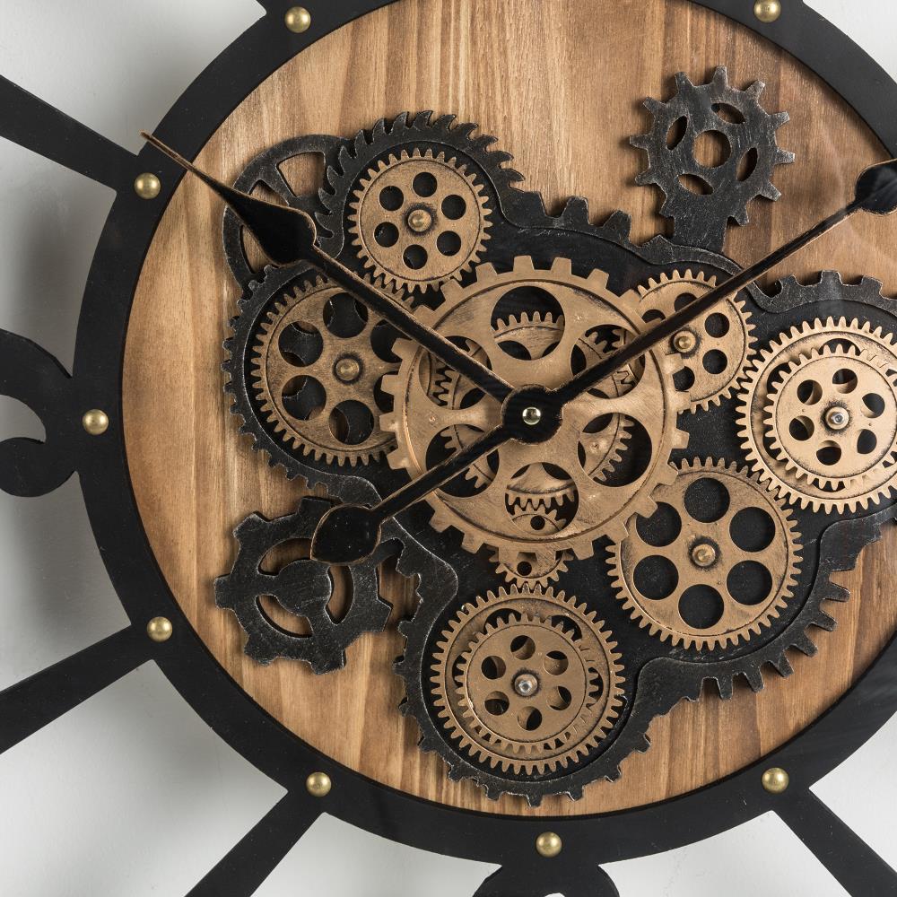27 inch Large Real Moving Gears Wall Clock with Toughened Glass Cover Oversized Vintage Solid Wood Farmhouse Clock Giant Decorative Rustic Wall Clock
