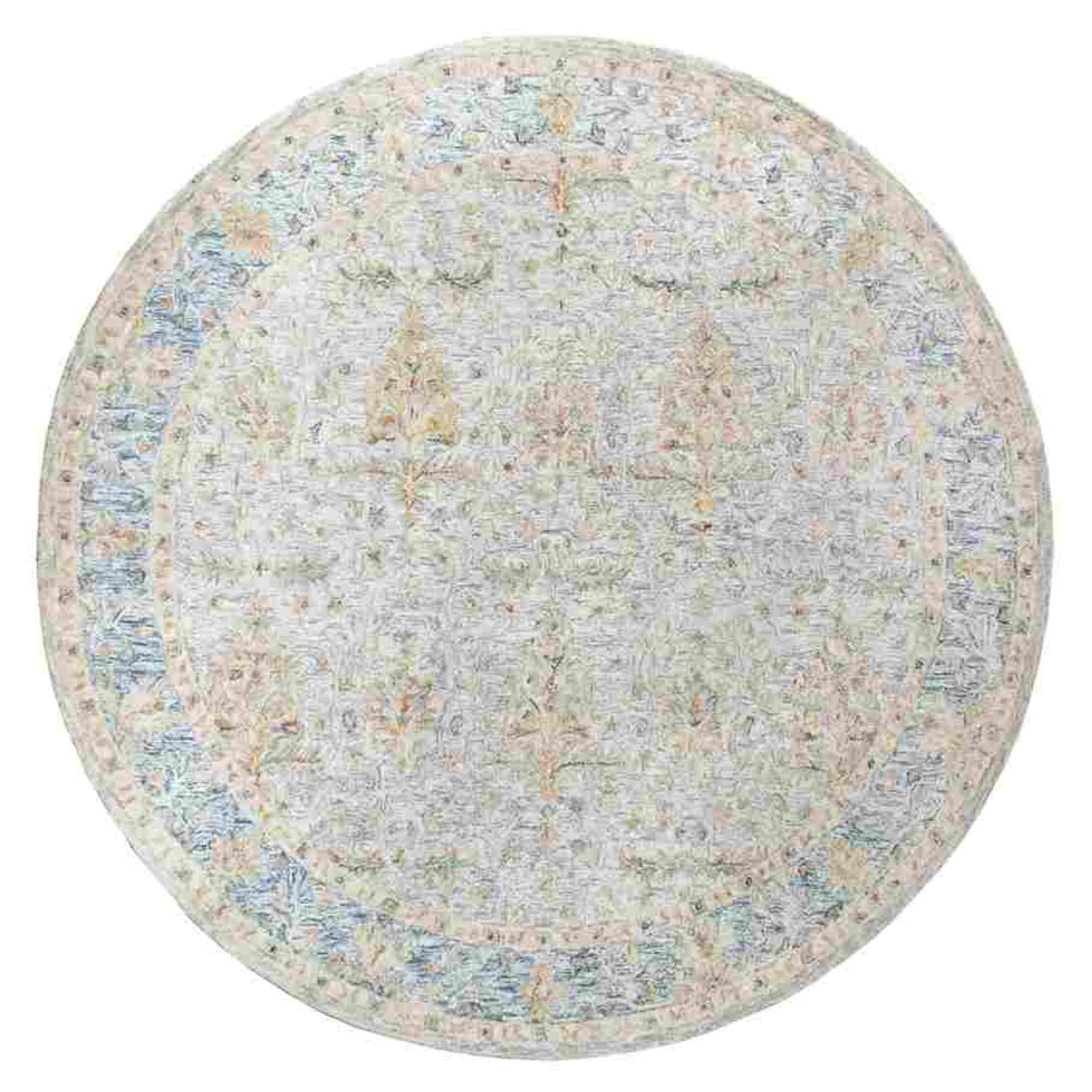 Handmade Blue and Taupe Round Wool Tufted Rug, 8.5 ft
