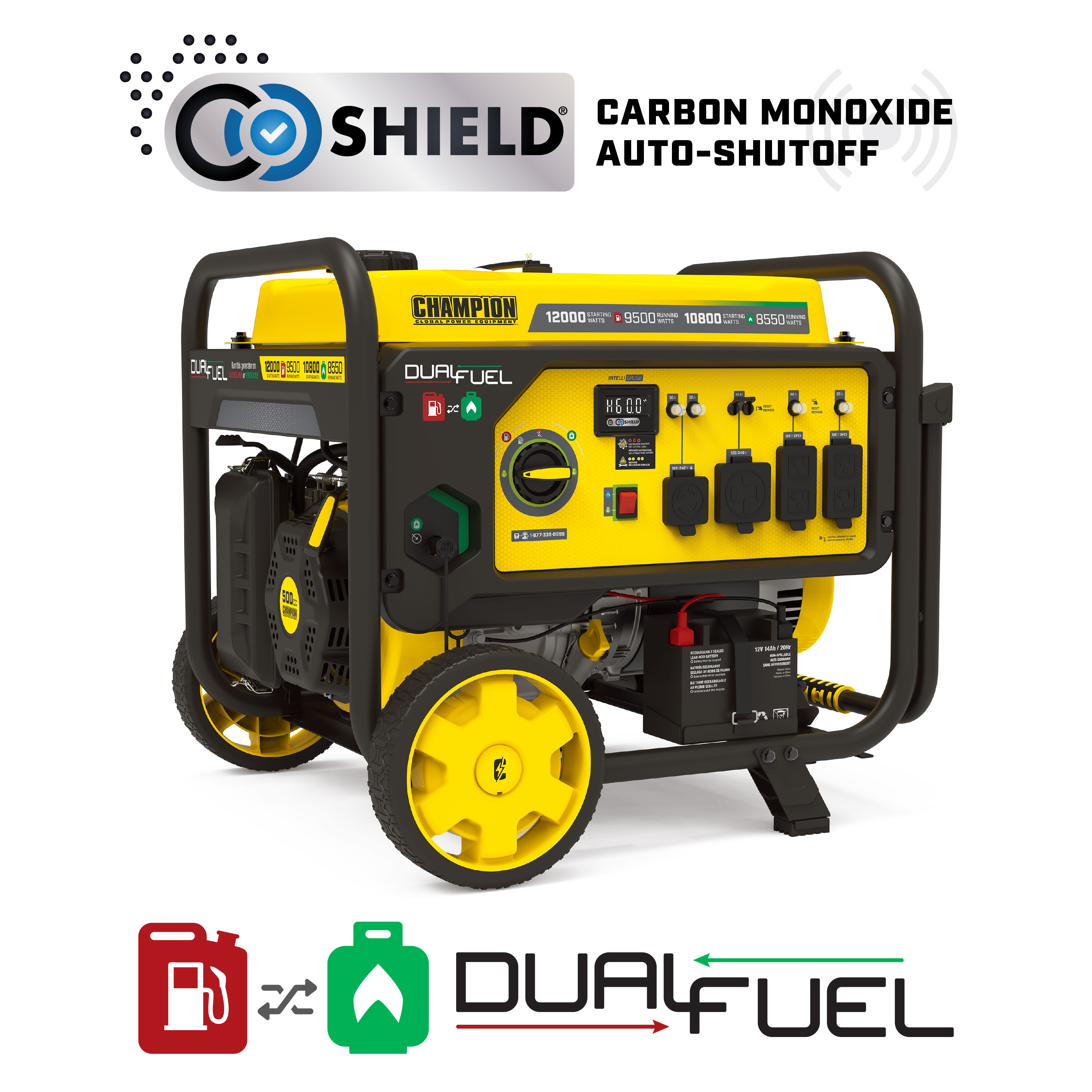 Champion Power Equipment CO Shield 9500-Watt Dual Fuel (Gasoline/Propane)  Portable Generator in the Portable Generators department at