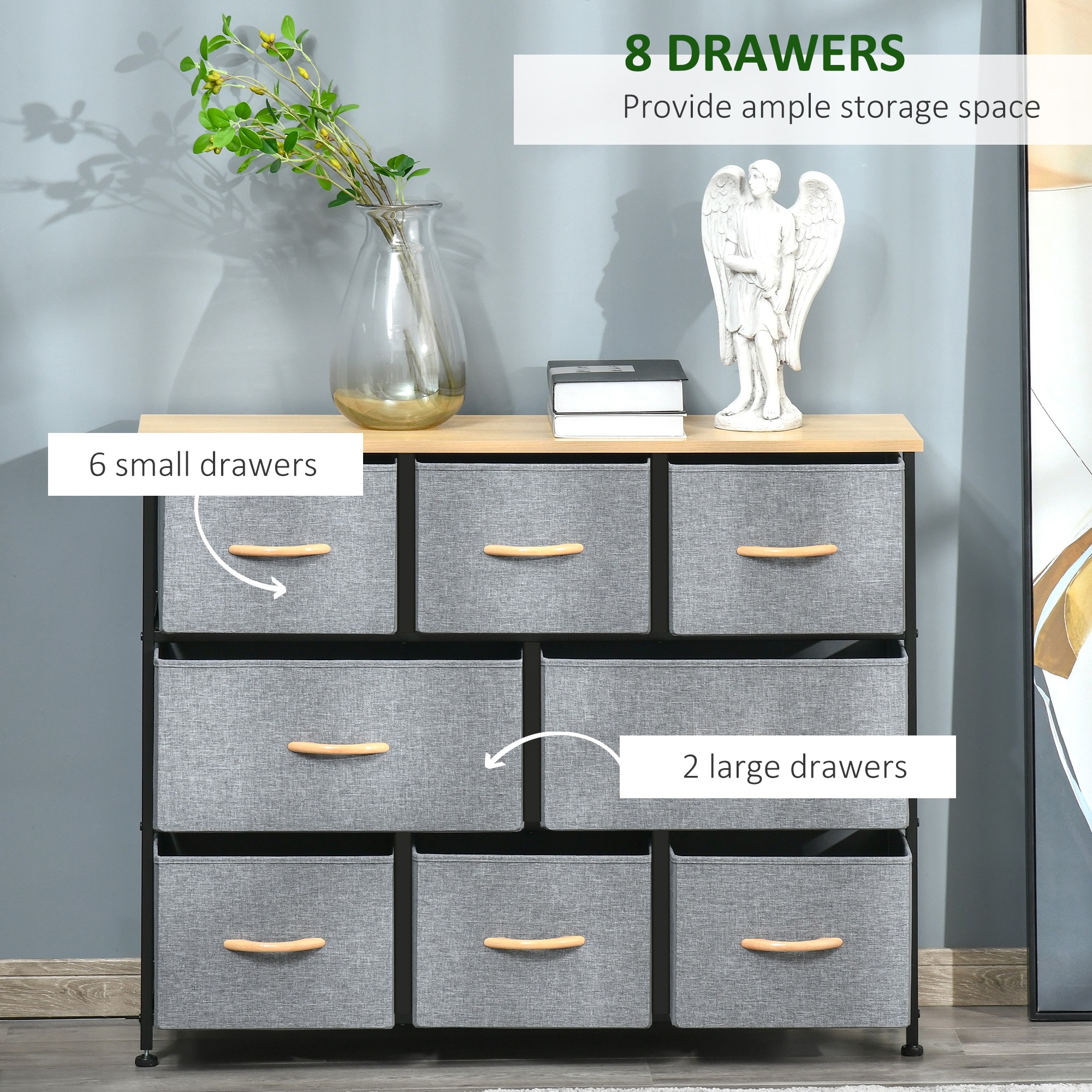 Light Grey 8-Drawer Fabric Storage Chest with Wood Top
