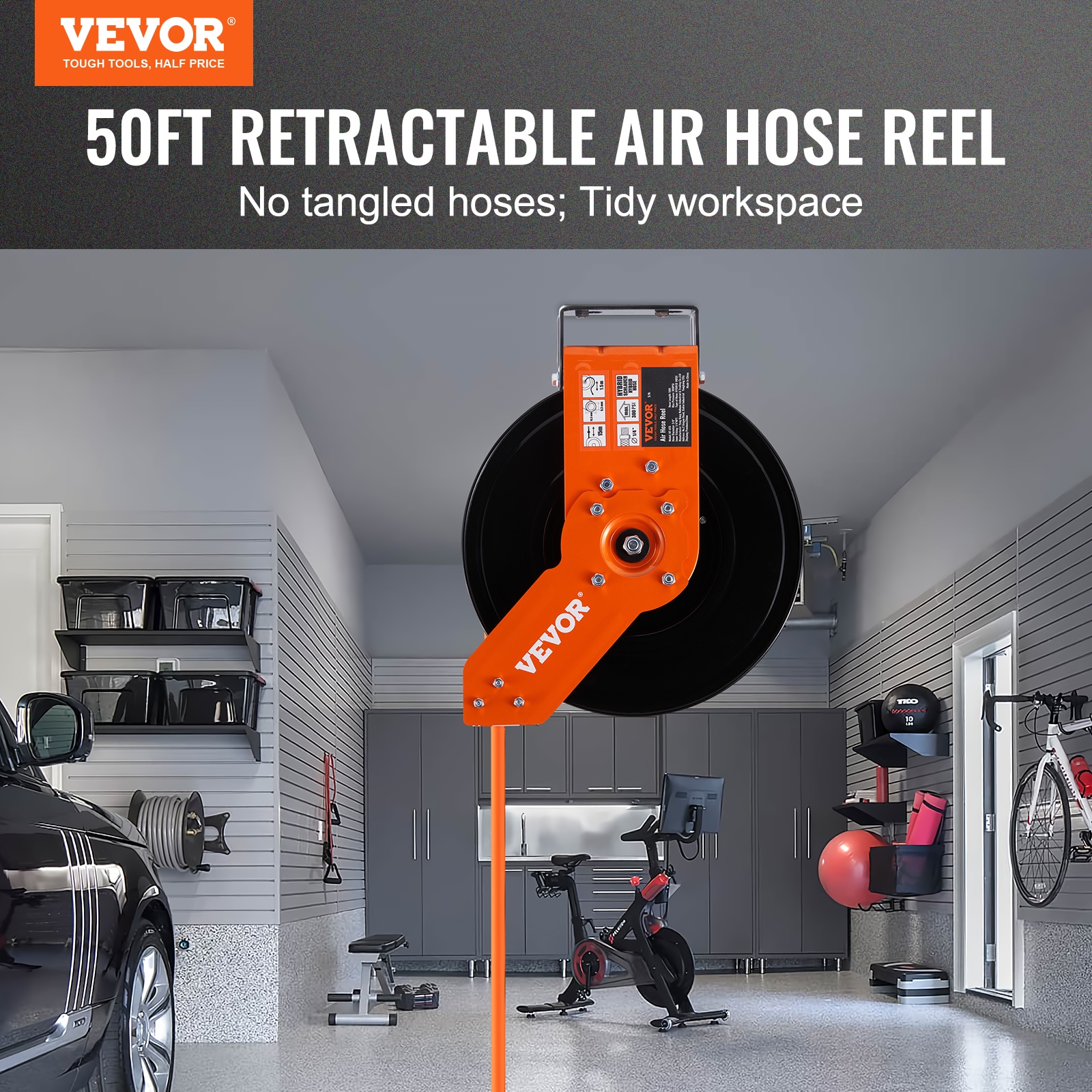 VEVOR Air Hose Reel 3/8 x 100' Auto Rewind Hybrid Rubber Hose