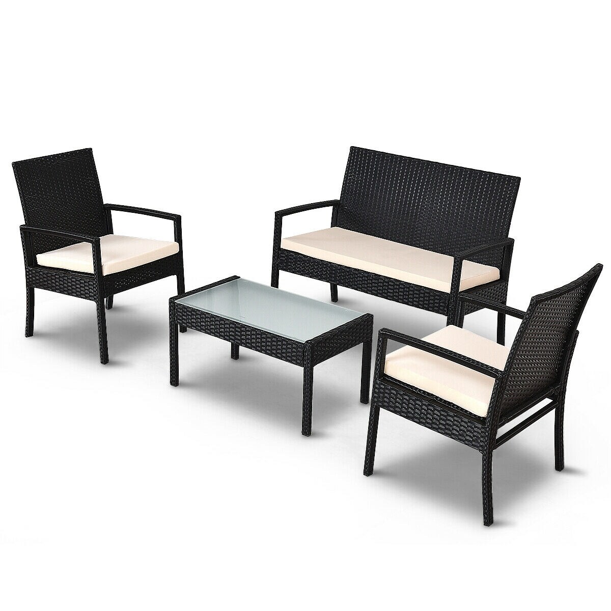 CASAINC WF-HW52189 4-Piece Rattan Patio Conversation Set with Black Cushions