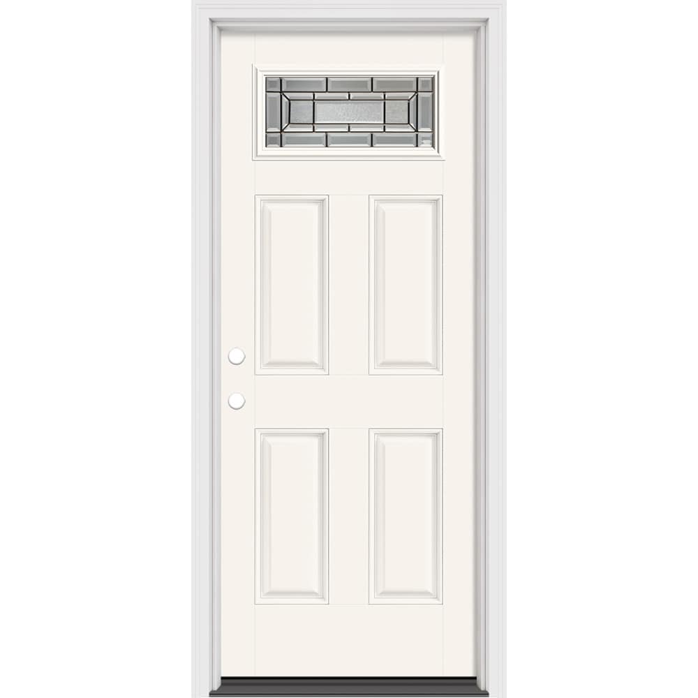 Masonite 633038 Sequence 32-in x 80-in x 4-9/16-in Fiberglass 1/4 lite Right-hand inswing Arctic White Painted Prehung Front Door with Brickmould Insulating core