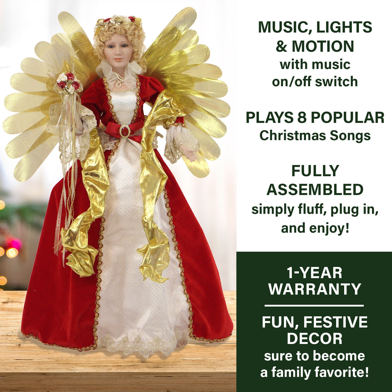 32-Inch Golden Winged Porcelain Christmas Angel Figurine with LED Lights and Music