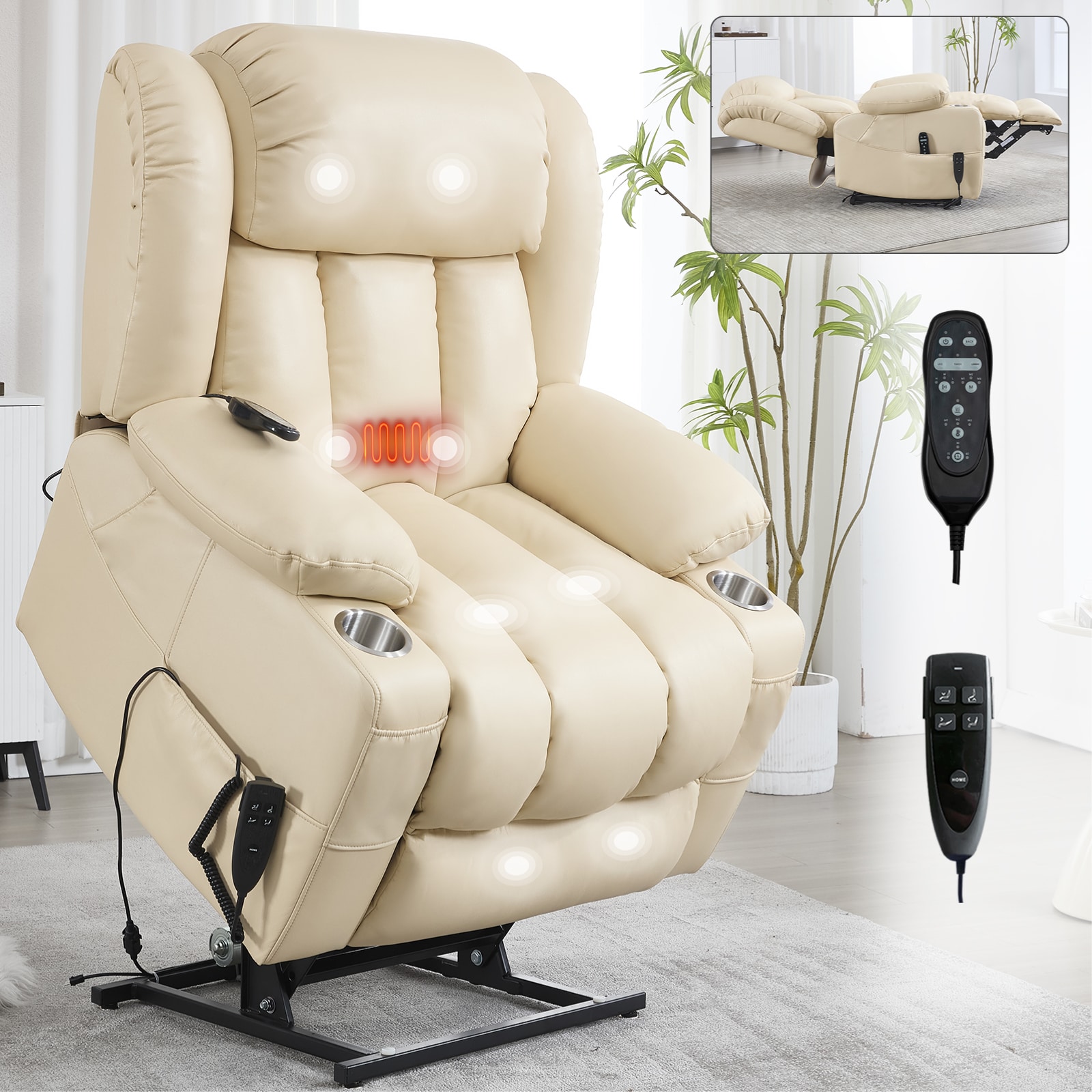 Mondawe MO-CO85565 Beige Faux leather Upholstered Powered Reclining Massage chair with Lift Assistance