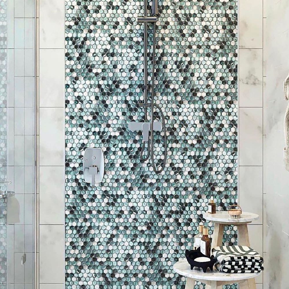 11" x 12" Blue and White Glass Hexagon Mosaic Tile