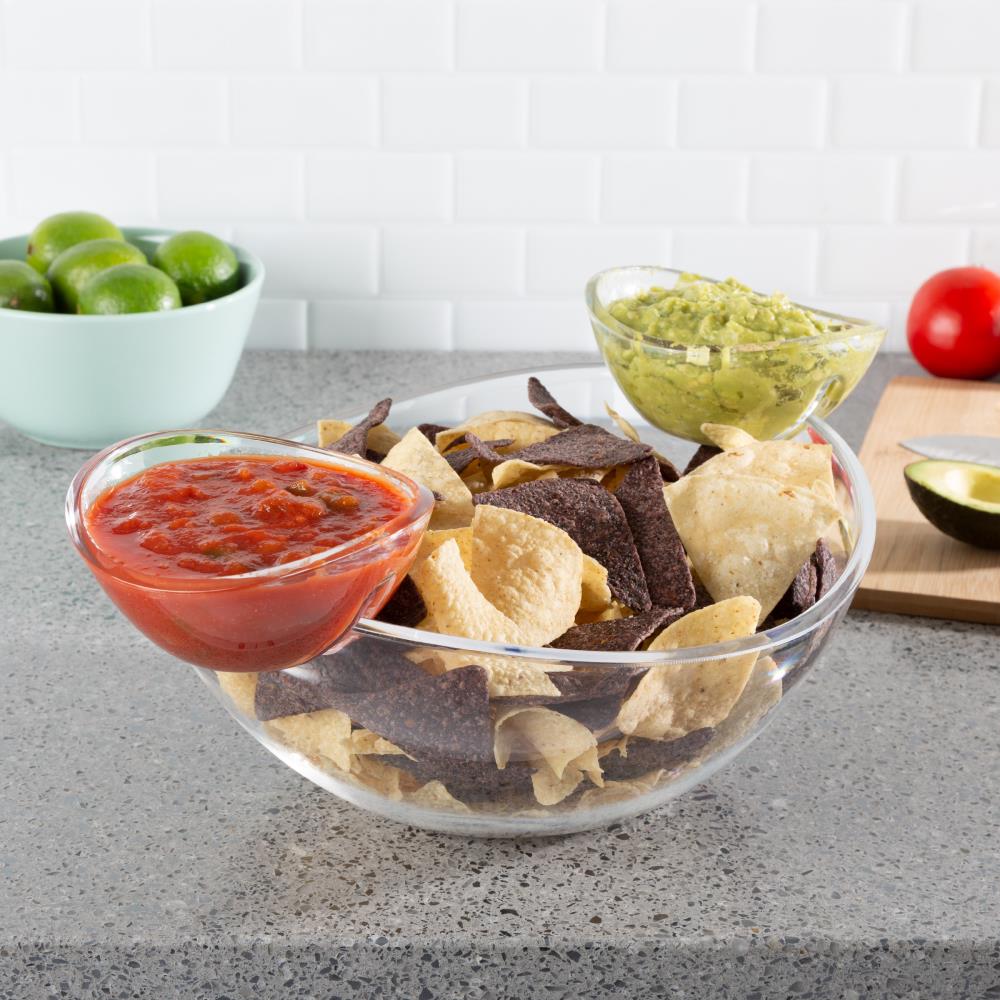 Birdrock Home Chip and Dip Serving Bowl Set - Triple Glass Bowls with Metal Frame - Salsa Appetizer Party Serveware - Veggie, Shrimp, Guacamole, Chips