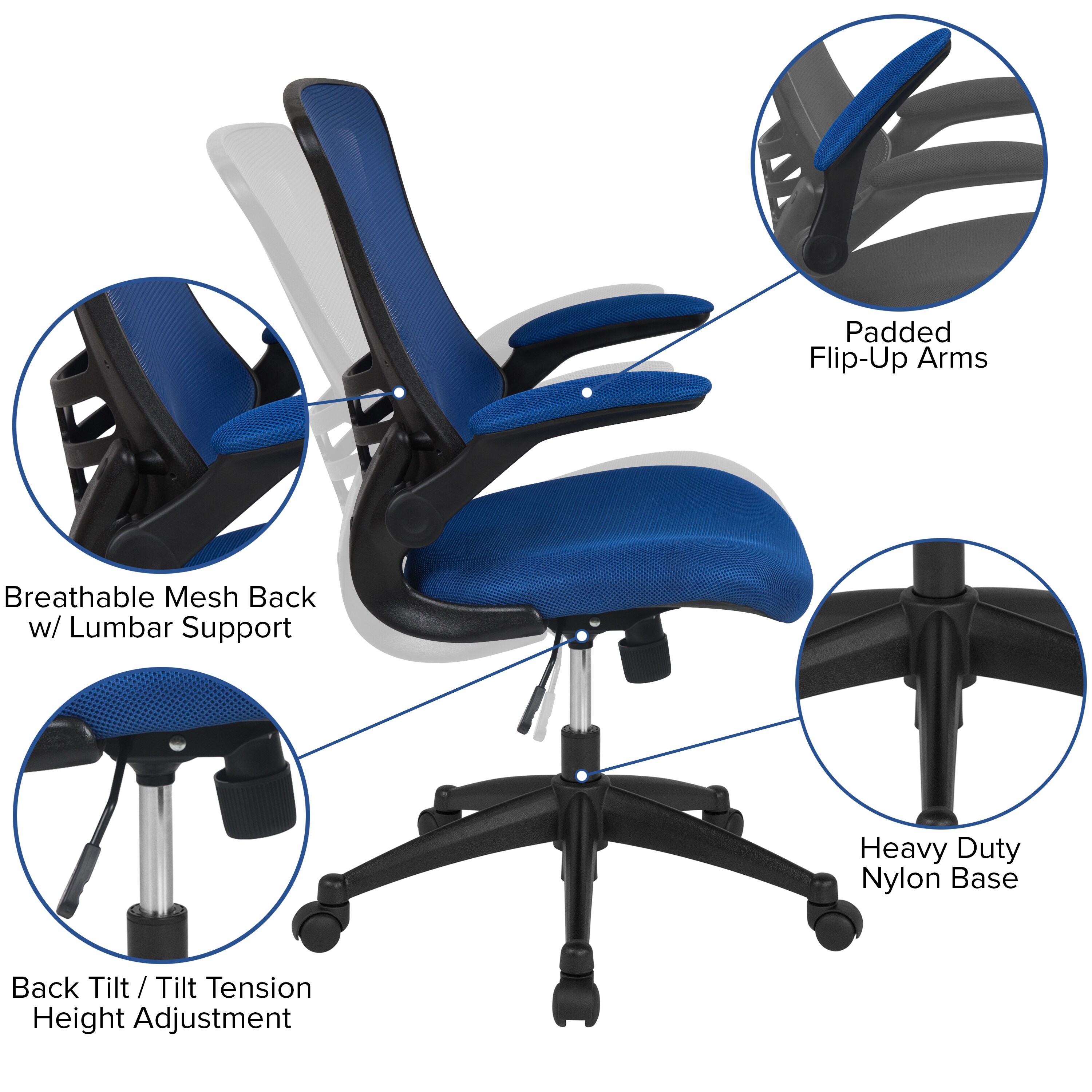 Blue Mesh Mid-Back Ergonomic Office Chair with Adjustable Arms