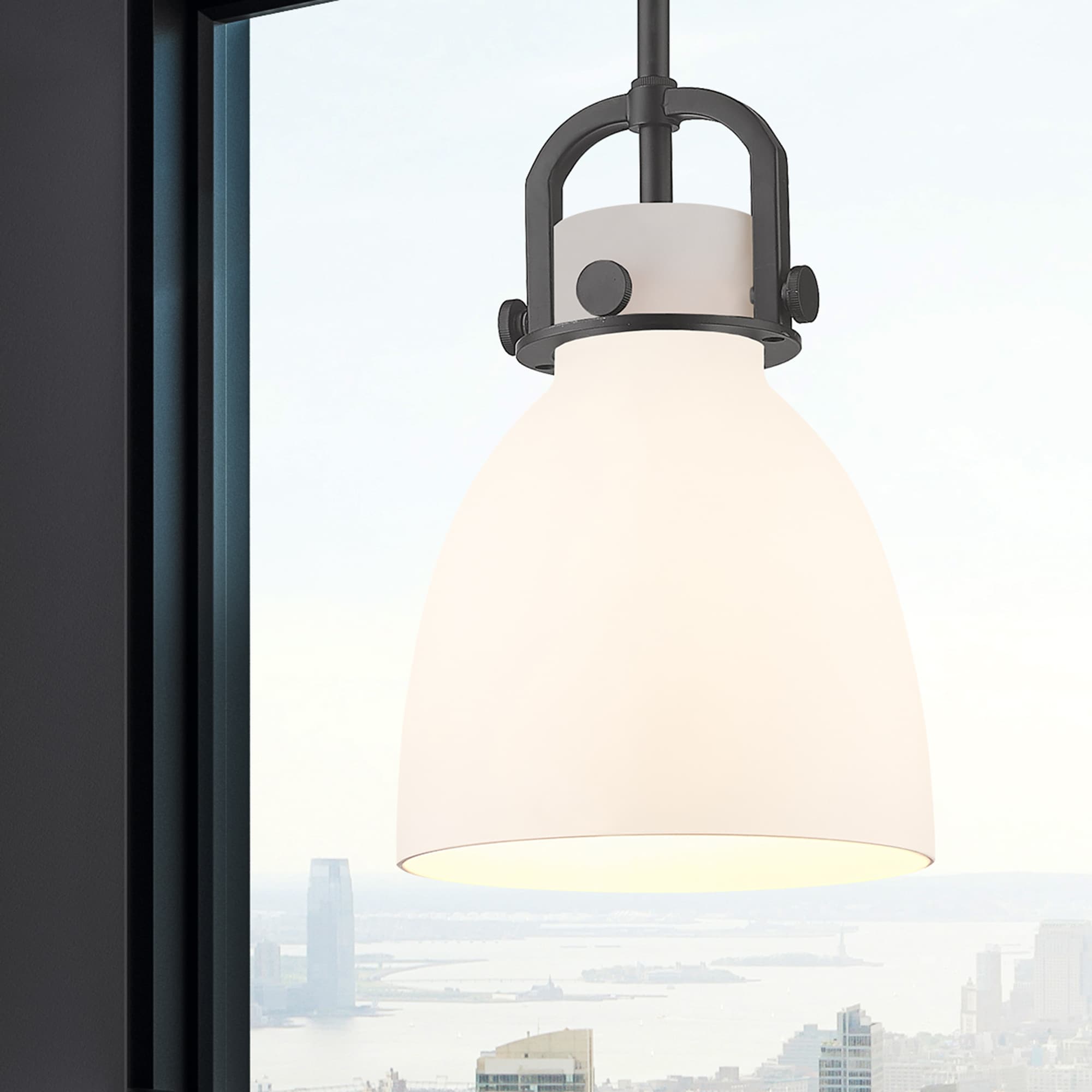 Innovations Lighting Newton Bell 1 -Light Matte Black, Matte White Industrial White glass Dome Small Outdoor Hanging Pendant Light