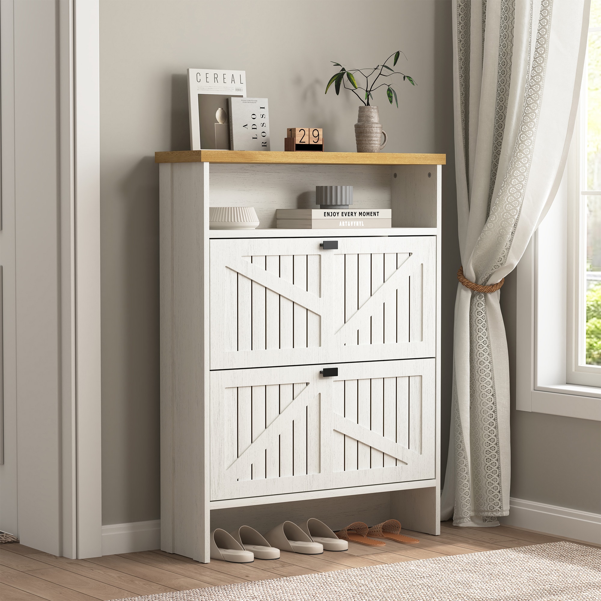 LOVMOR SF-WO-W3226P279088 Modern Minimalist Natural The upper and lower folding four layer MDF shoe cabinet with product dimensions