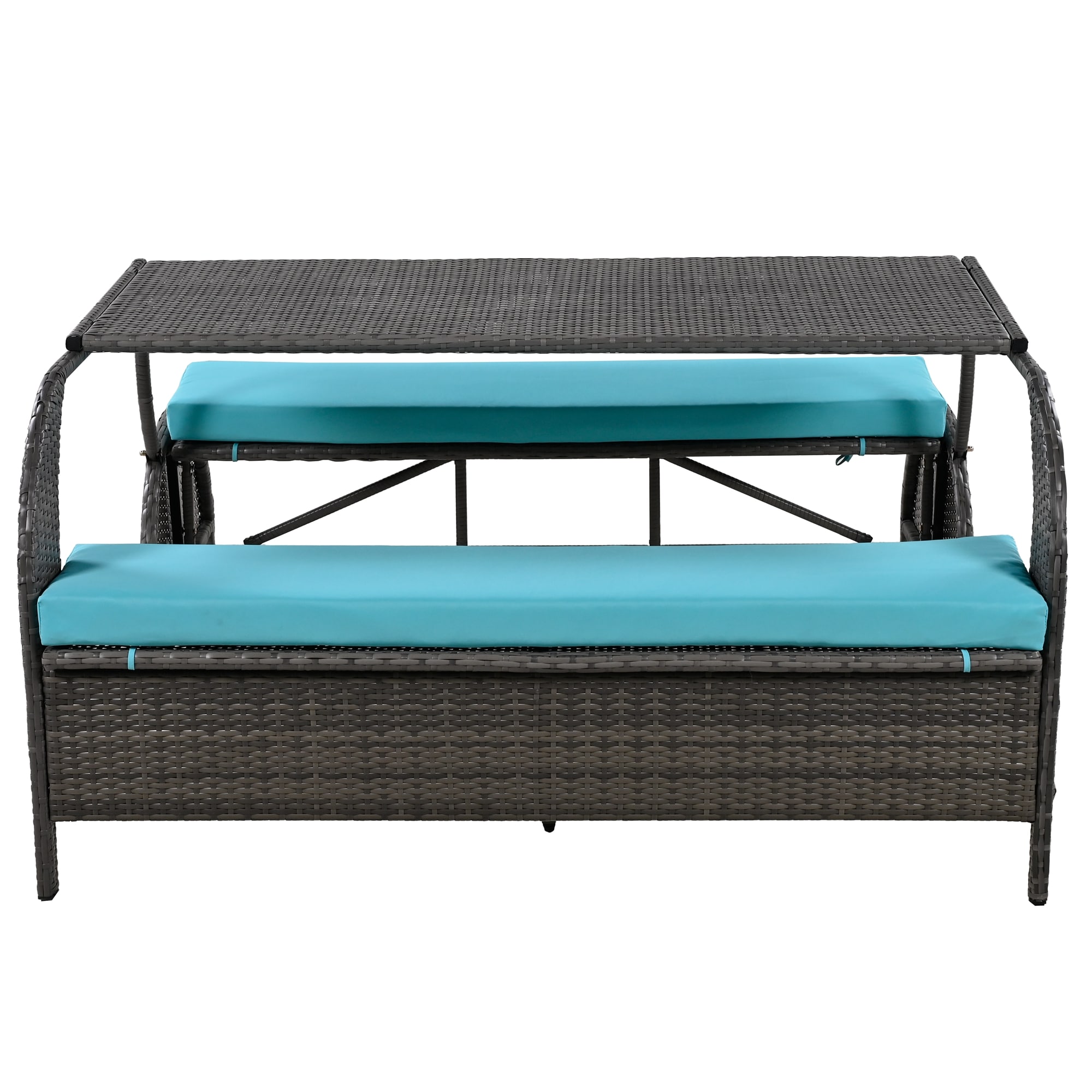 AHIOU HOME ZAAHG-803AACPS Liam Rattan Outdoor Loveseat with Blue Cushions and Iron Frame