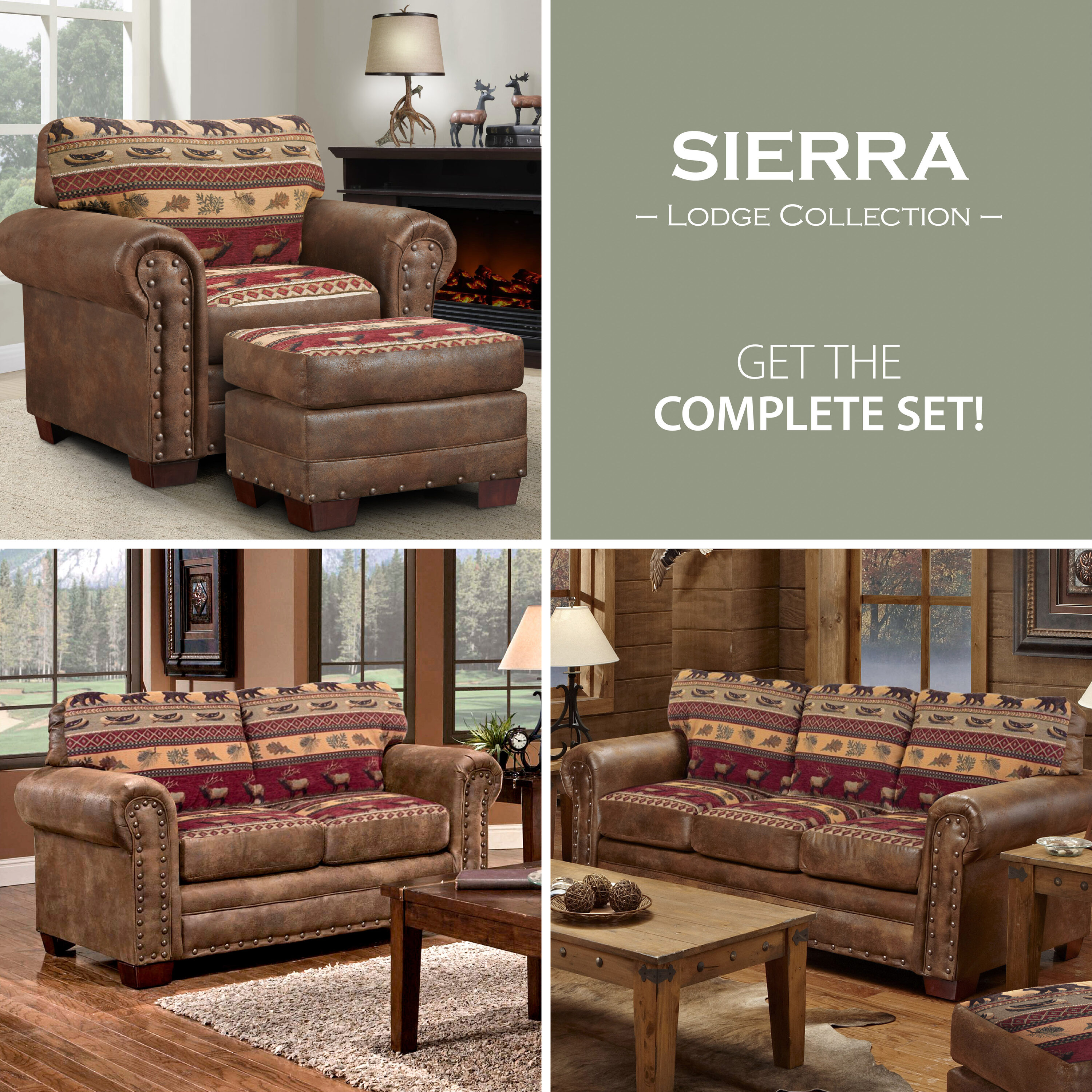 Sierra Lodge Brown Microfiber 4-Piece Sofa Set with Nailhead Accents