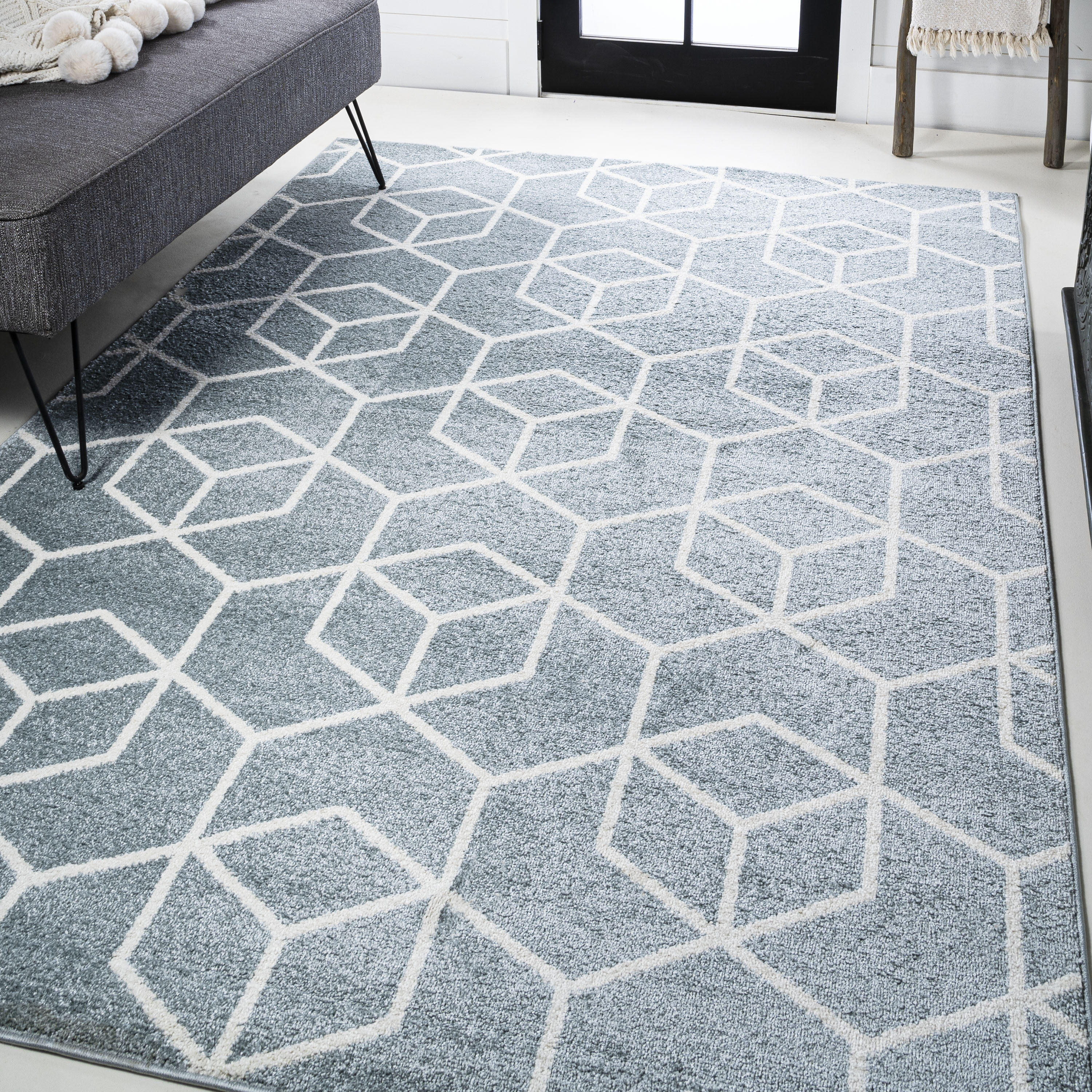 JONATHAN  Y SEU101C-3 SUPERSOFT Tumbling Blocks 3 x 5 (ft) Loomed Polypropylene Light Blue/White Rectangular Indoor Geometric Mid-Century Modern Area rug