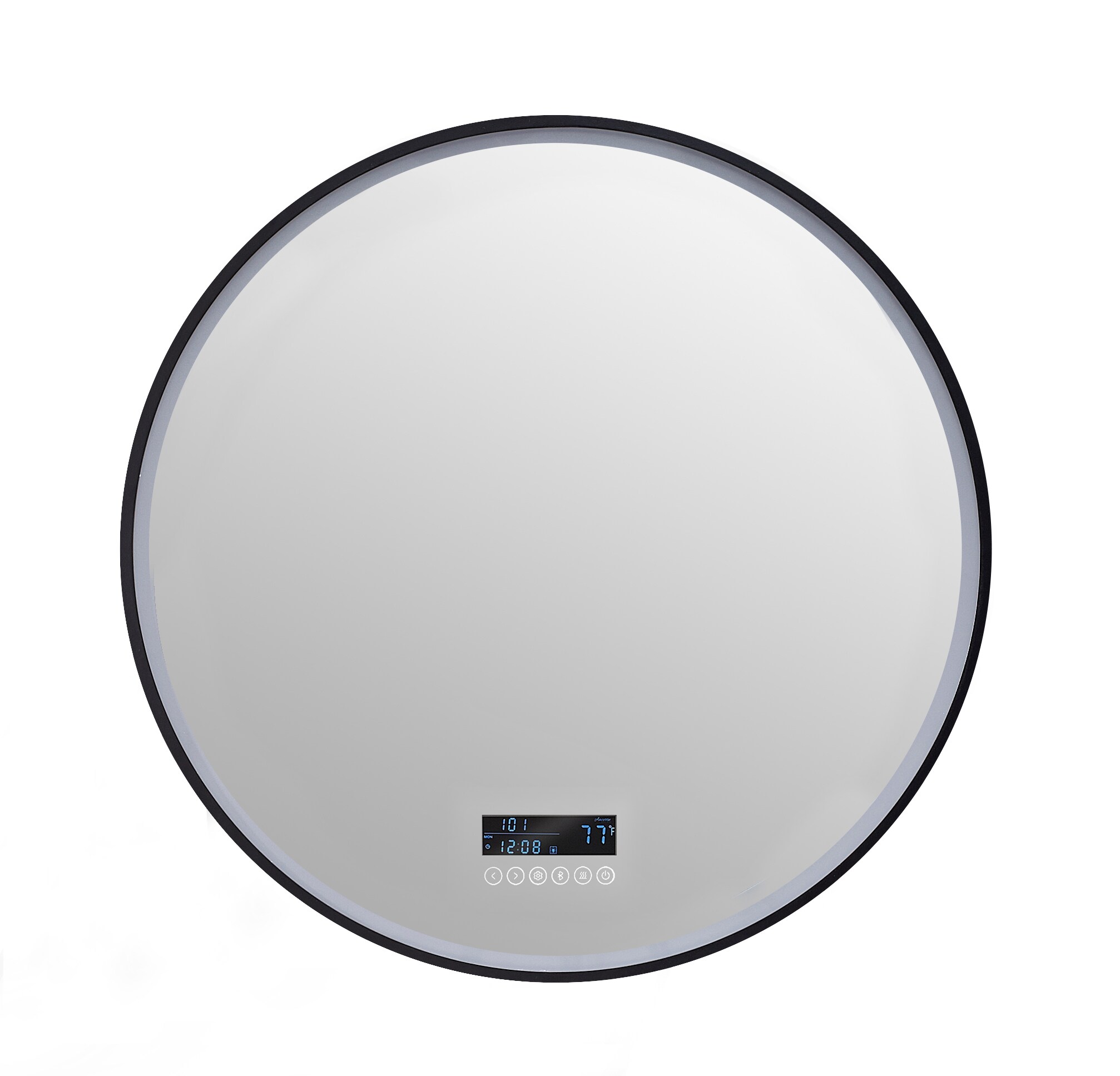 Round Black LED Bathroom Vanity Mirror with Bluetooth and Digital Display