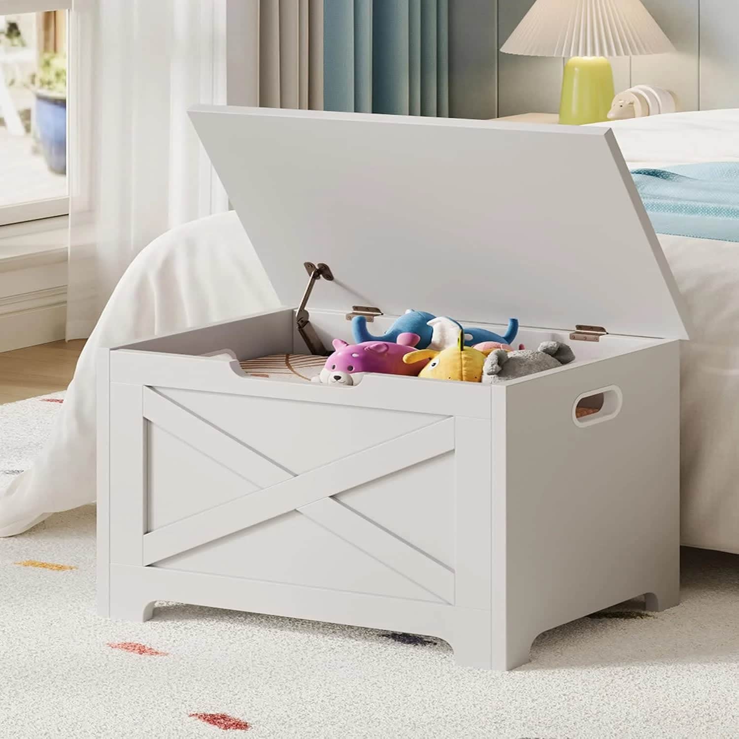 Vintage 17241366962WHITE 23.6inch Storage Chest Wooden Storage Bench with Safety Hinge Easy Assembly Large Toy Box for Entryway Living Room Bedroom