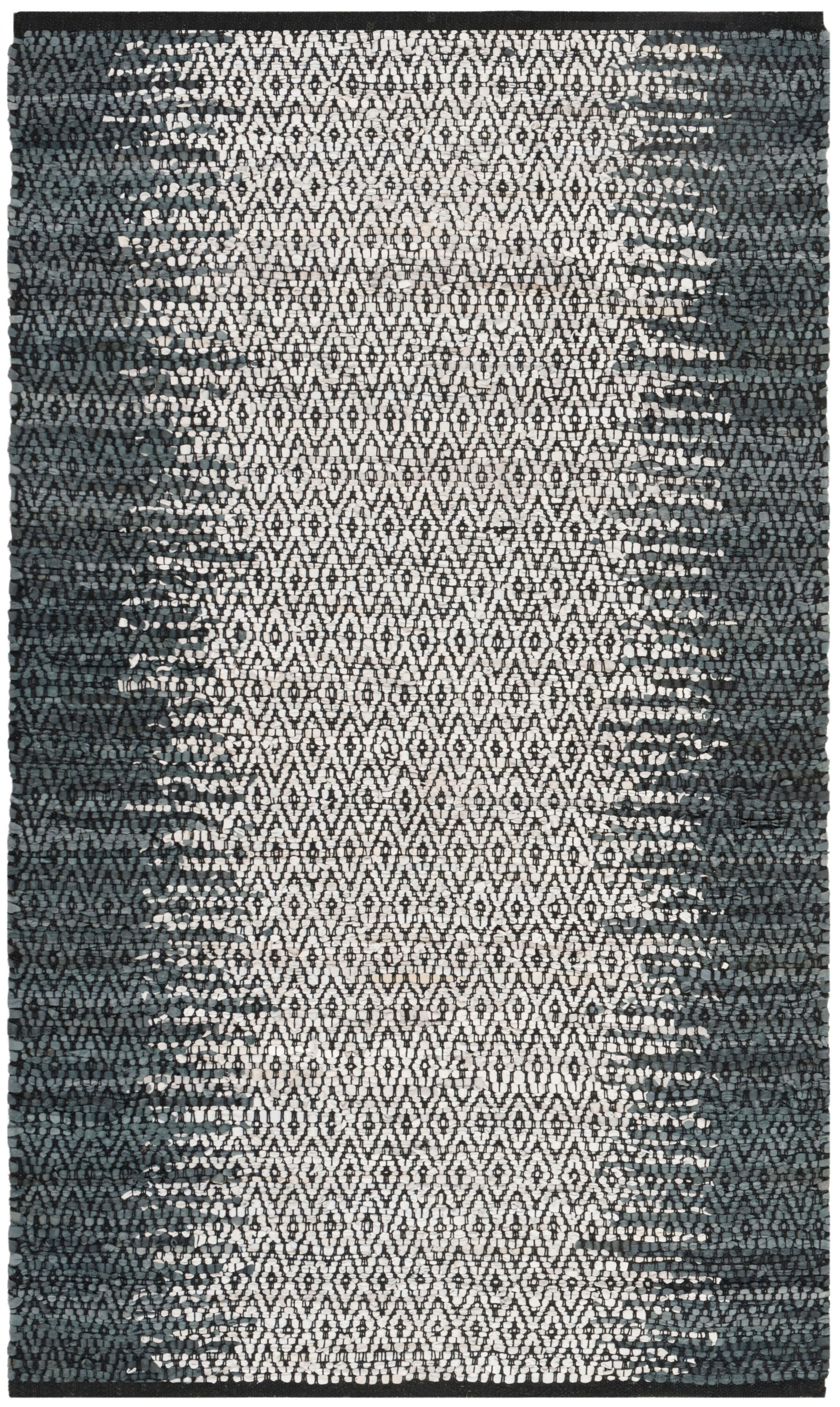 Gray and Cream Handmade Leather Flat Woven Area Rug
