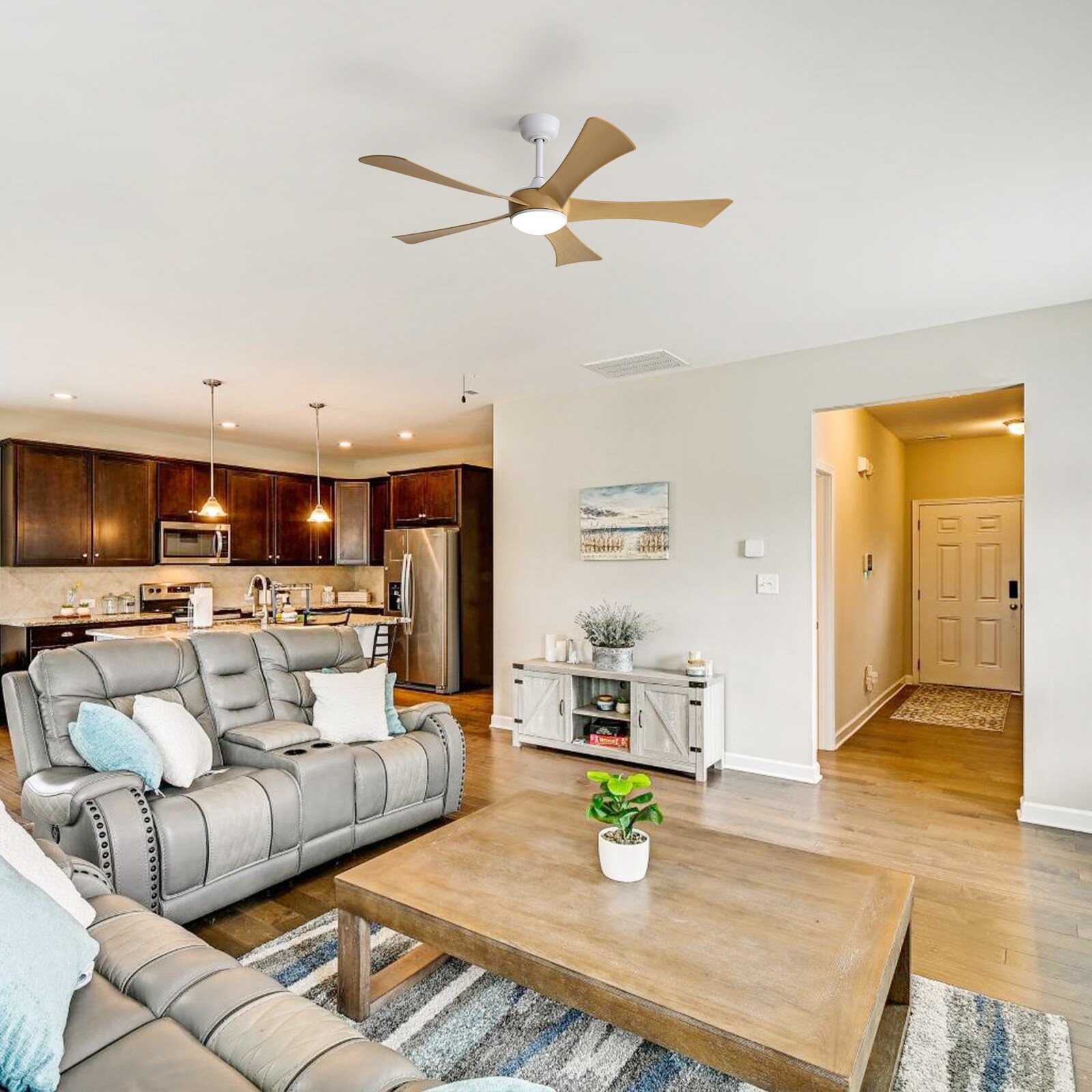 52'' White and Light Brown Low Profile Ceiling Fan with Remote