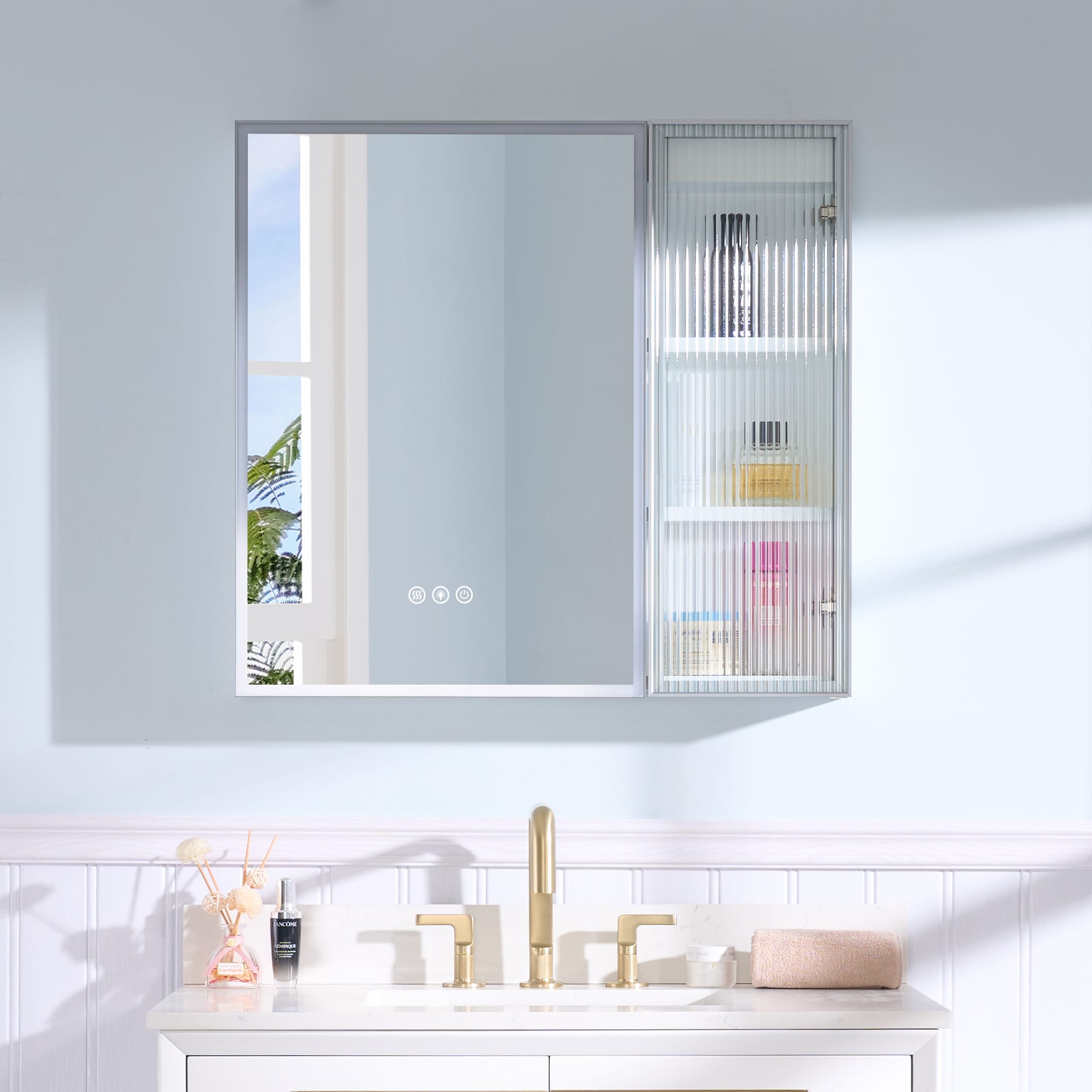 WELLFOR FL30MCL-WT FLORA Solid Wood 30-in x 28-in Lighted LED Surface Mount White Mirrored Rectangle Soft Close Medicine Cabinet