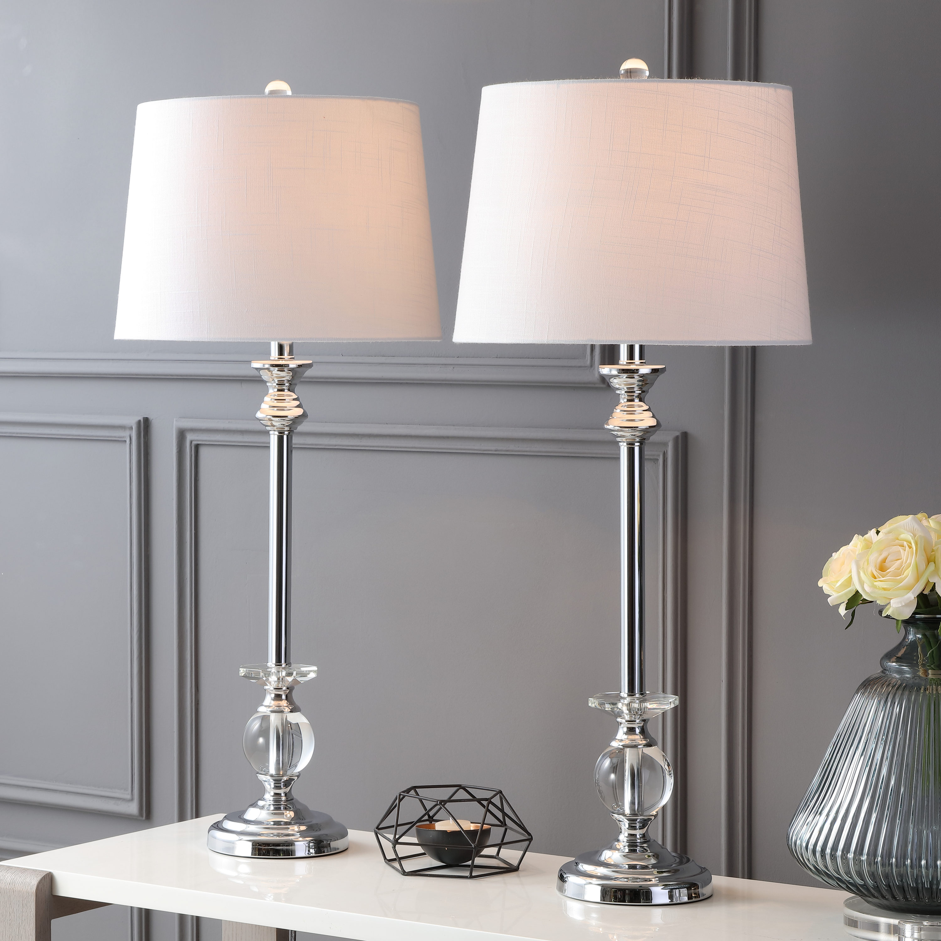 JONATHAN  Y JYL2056A-SET2 Elizabeth Crystal/Metal Transitional 33-in Chrome LED Incandescent Rotary socket Table Lamp with Linen Shade 2 -Set