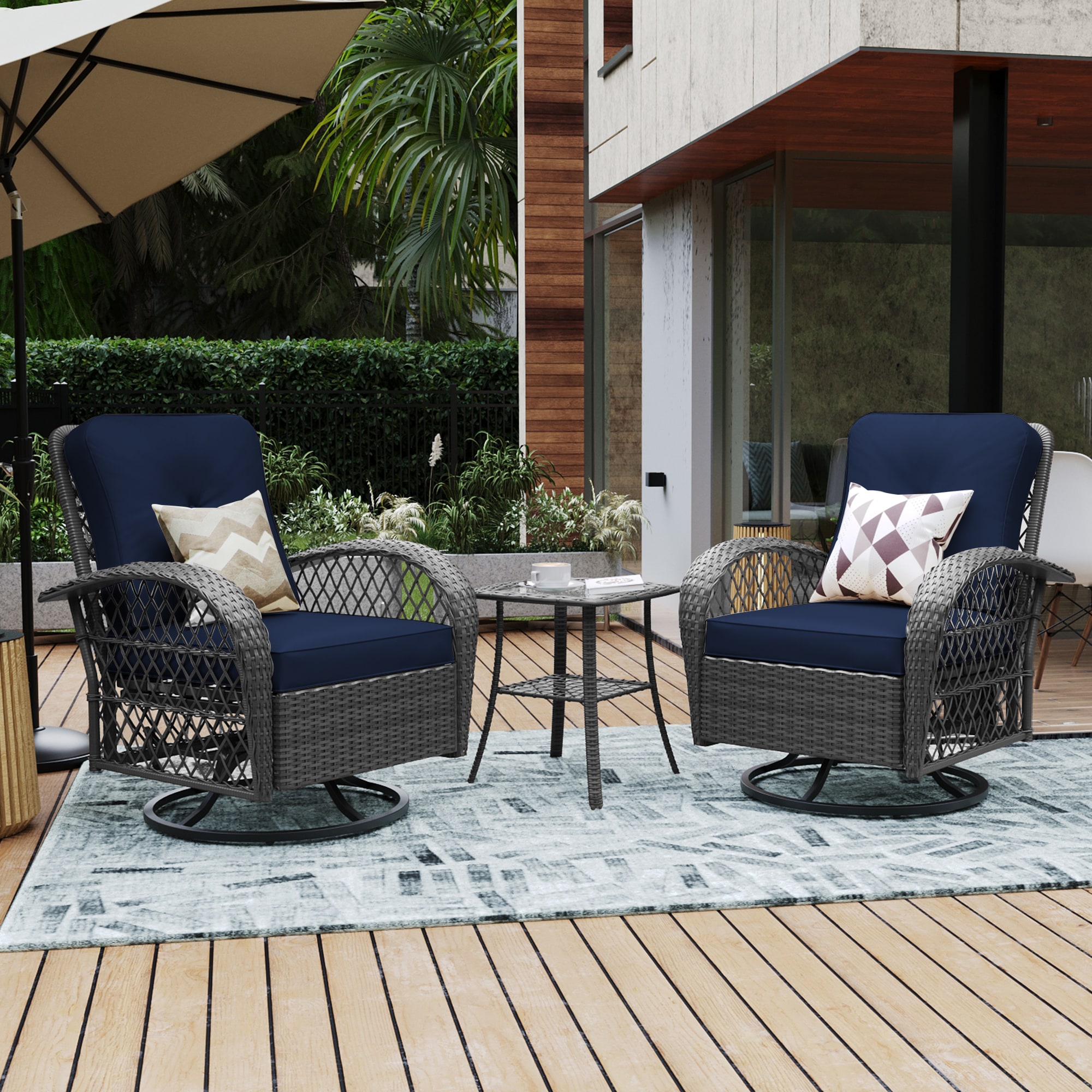 UPHA Y9DK-NAVYBLUE Rocking Chair Set of 2 Wicker Gray Iron Frame Swivel rocker Conversation Chair with Navy Cushioned Seat