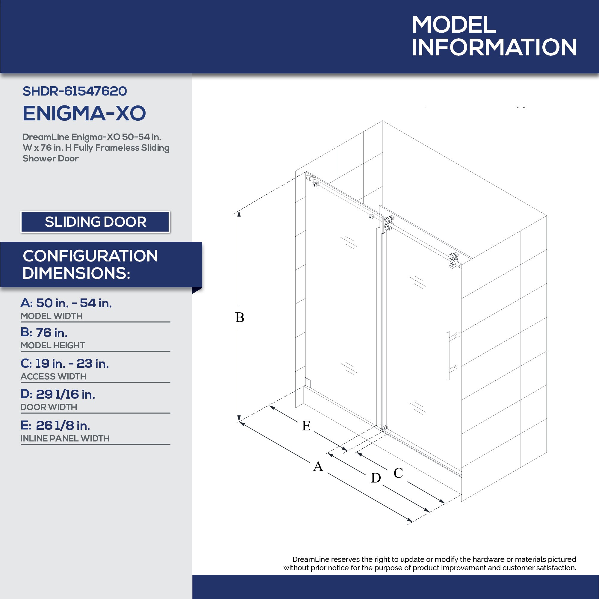 DreamLine SHDR-61547620-07 Enigma-XO 50-54 W x 76 H Fully Frameless Sliding Shower Door in Brushed Stainless Steel