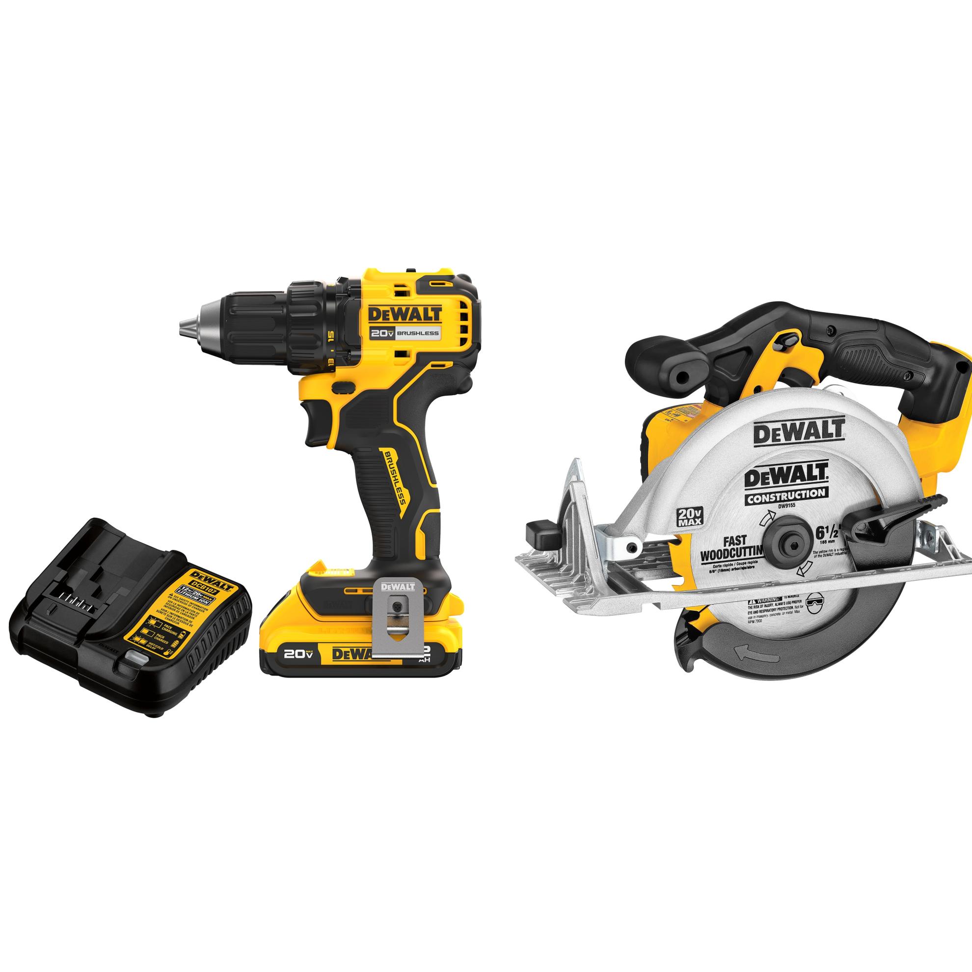 DEWALT 20-Volt Max 1/2-In Keyless Brushless Cordless Drill (1 Battery & Charger Included) With 6-1/2-In Cordless Circular Saw