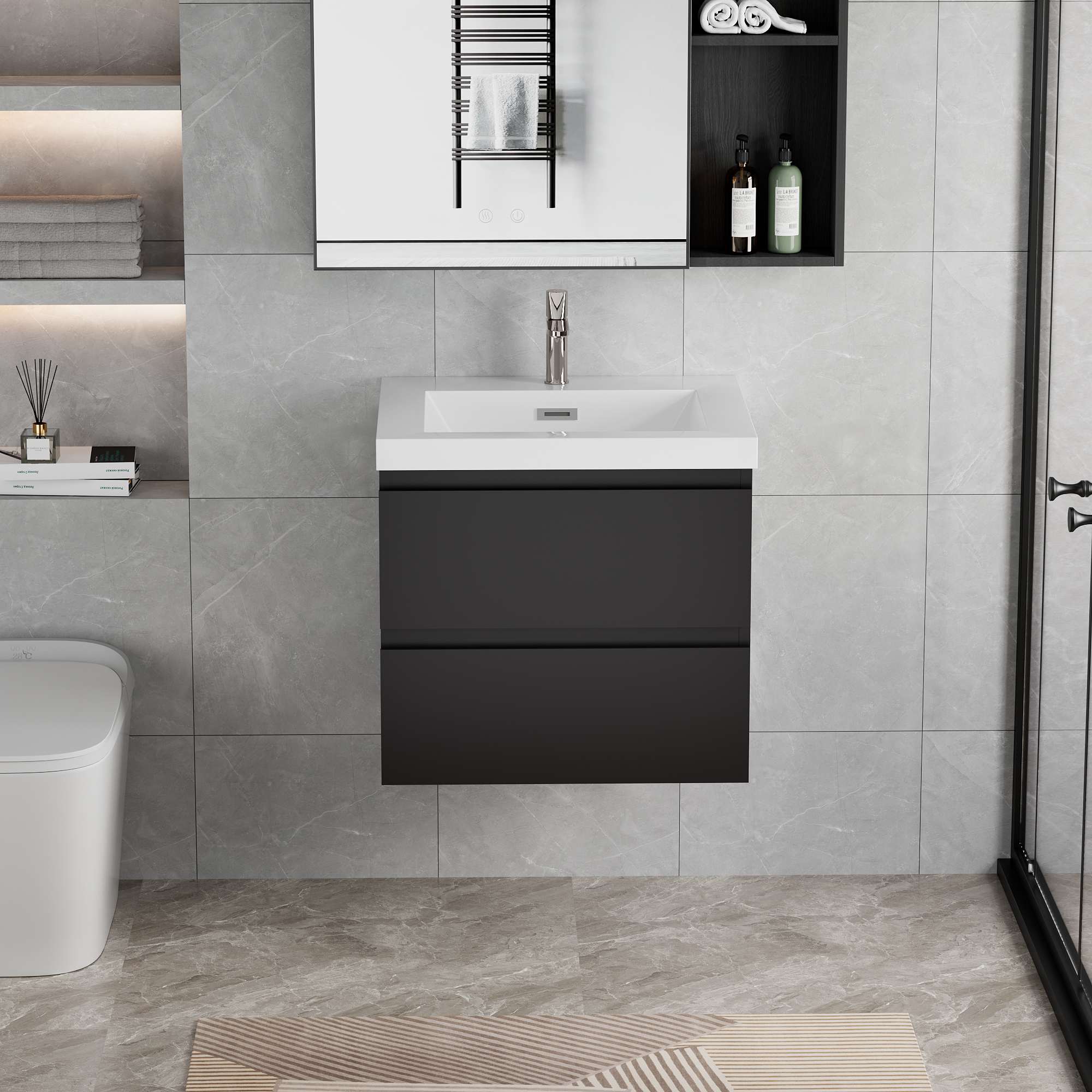 Abruzzo - 24 in. W Single Sink Floating Bath Vanity in Glossy Black with White Solid Surface Sink...